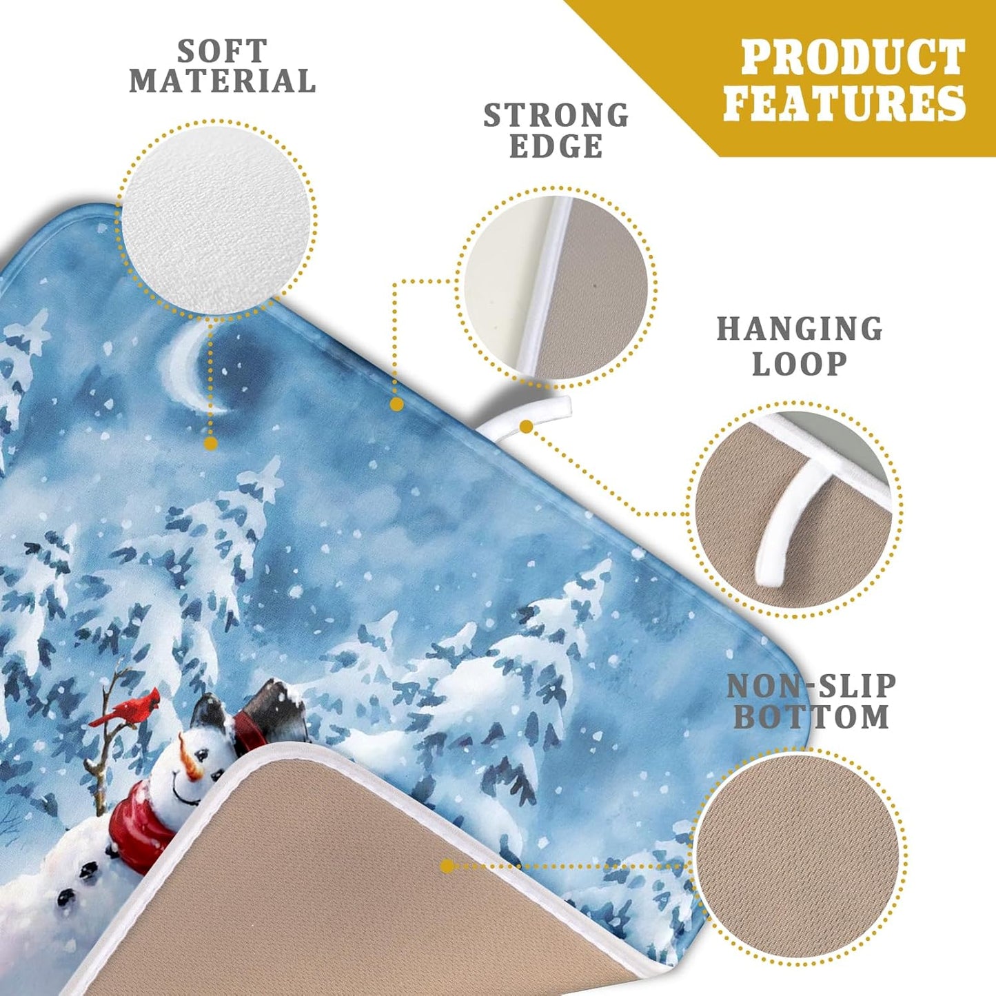 Blue Snowman Dish Drying Mat Winter Pine Tree Drainer Rack Mats 16x18 Inch Absorbent Fast Dry Dish Pad Protector Kitchen Counter Accessories