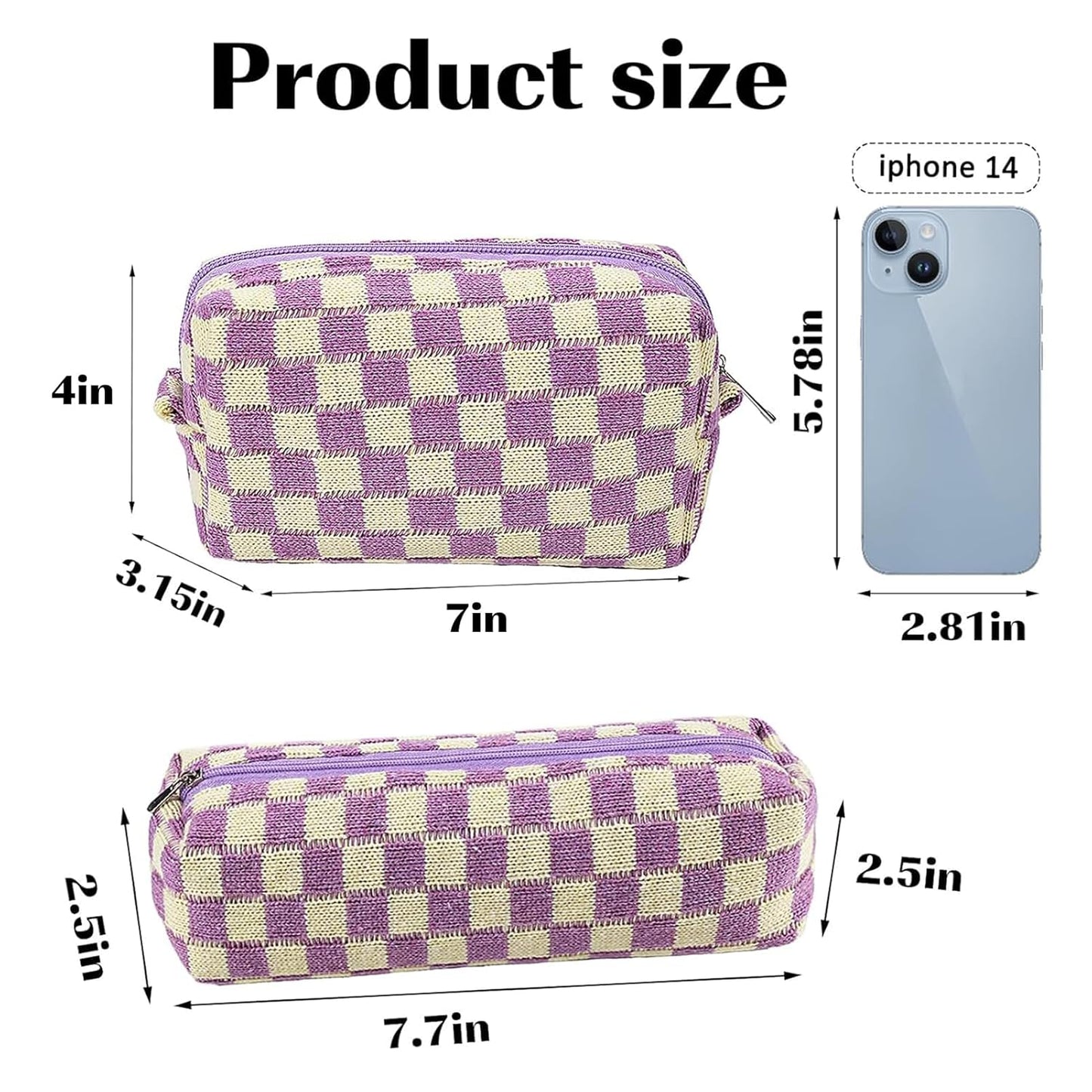 2Pcs Checkered Pencil Case Cute Pencil Pouch for Teens Checkered Makeup Bag Travel Cosmetic Bag Set Cute Makeup Pouch for Purse Portable Zippered Skincare Bags Preppy Toiletry Bags Organizer(Purple)