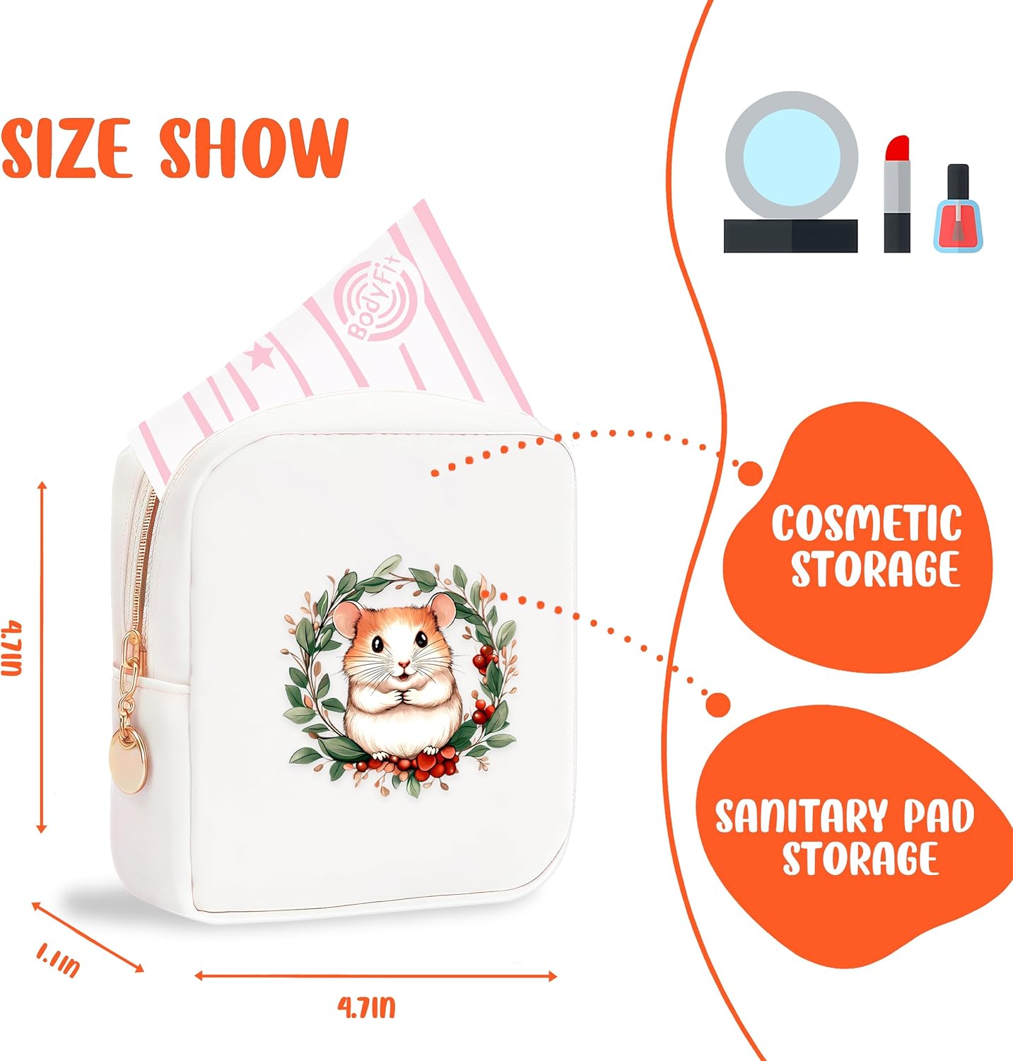 Hamster Mini Makeup Bag, Hamster Gift For Women Girls, Cute Portable Zipper Pouch Cosmetic Bag For Teen Girls Kids, Small Storage Bag For Sanitary Pad, Period napkin bag!