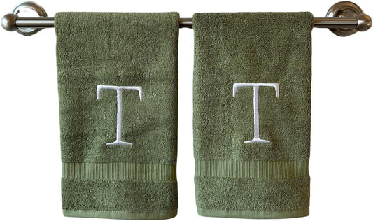 Sage Initial Hand Towel for Bathroom - Monogrammed Luxury Hotel Quality Decorative Embroidered Towel for Powder Room, Spa - GOTS Organic Certified - Set of 2 Letter T