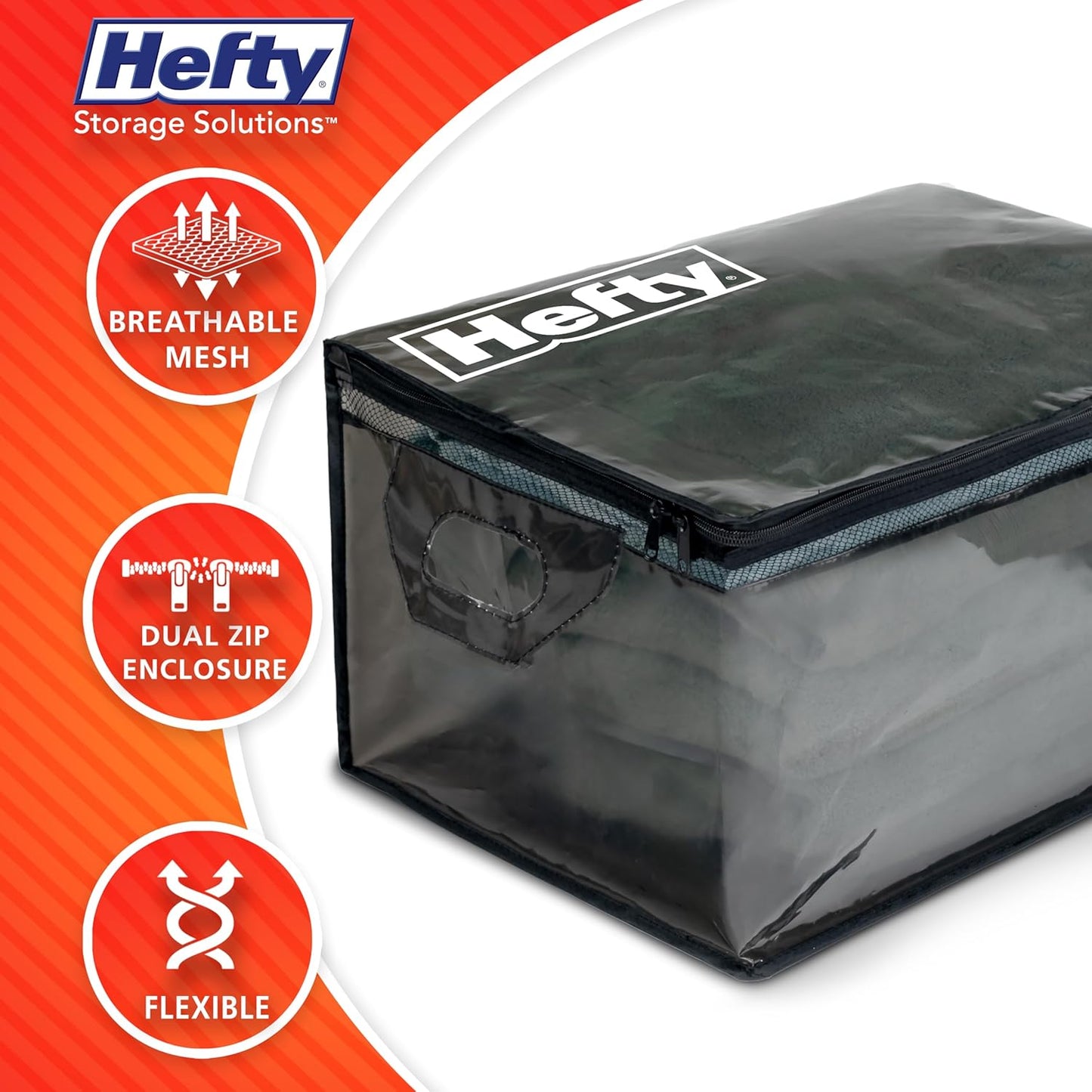 Hefty Large Flexible Tote with Breathable Mesh, Double Zipper, 2 Handles – Ideal for Moving or Clothes & Apparel Storage, Alternative to Plastic Bin, Organizer or Container – 2 Pack