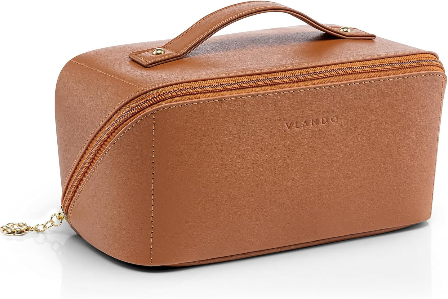 Vlando Makeup Bag,Large Capacity Travel Toiletry Bag,Cosmetic Bags for Women PU Leather Waterproof Portable Pouch with Divider & Handle-Brown