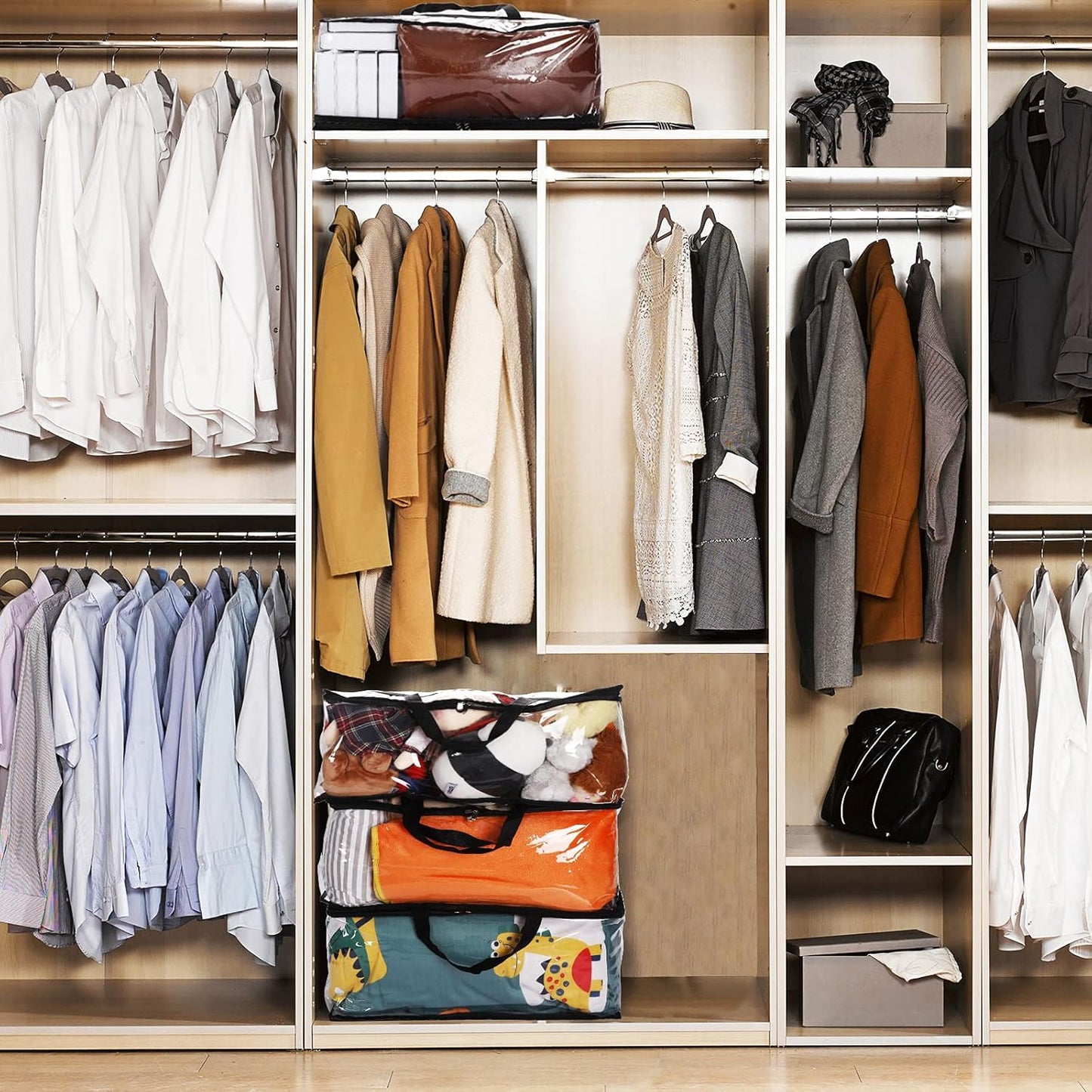 SGHUO Blanket Storage Bags 60L Extra Large Plastic Vinyl Clear Storage Bag for Clothes, Comforter, Bedding, Moving Bags with Zipper and Reinforced Handle (4pcs)