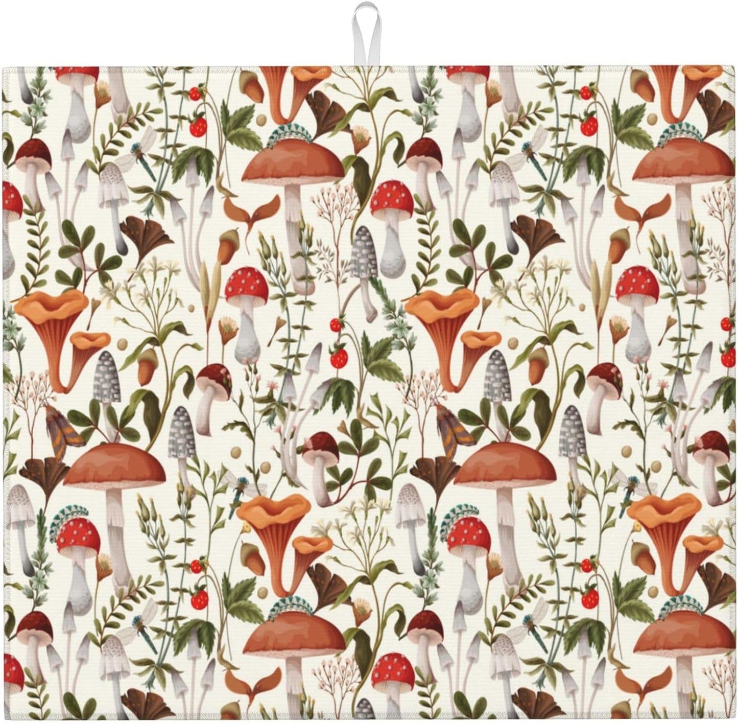 Boho Mushroom Decor Dish Drying Mat for Kitchen Counter Botanic Plant Beige Dish Drainer Rack Mats 16x18 Inch Absorbent Reversible Drying Pad