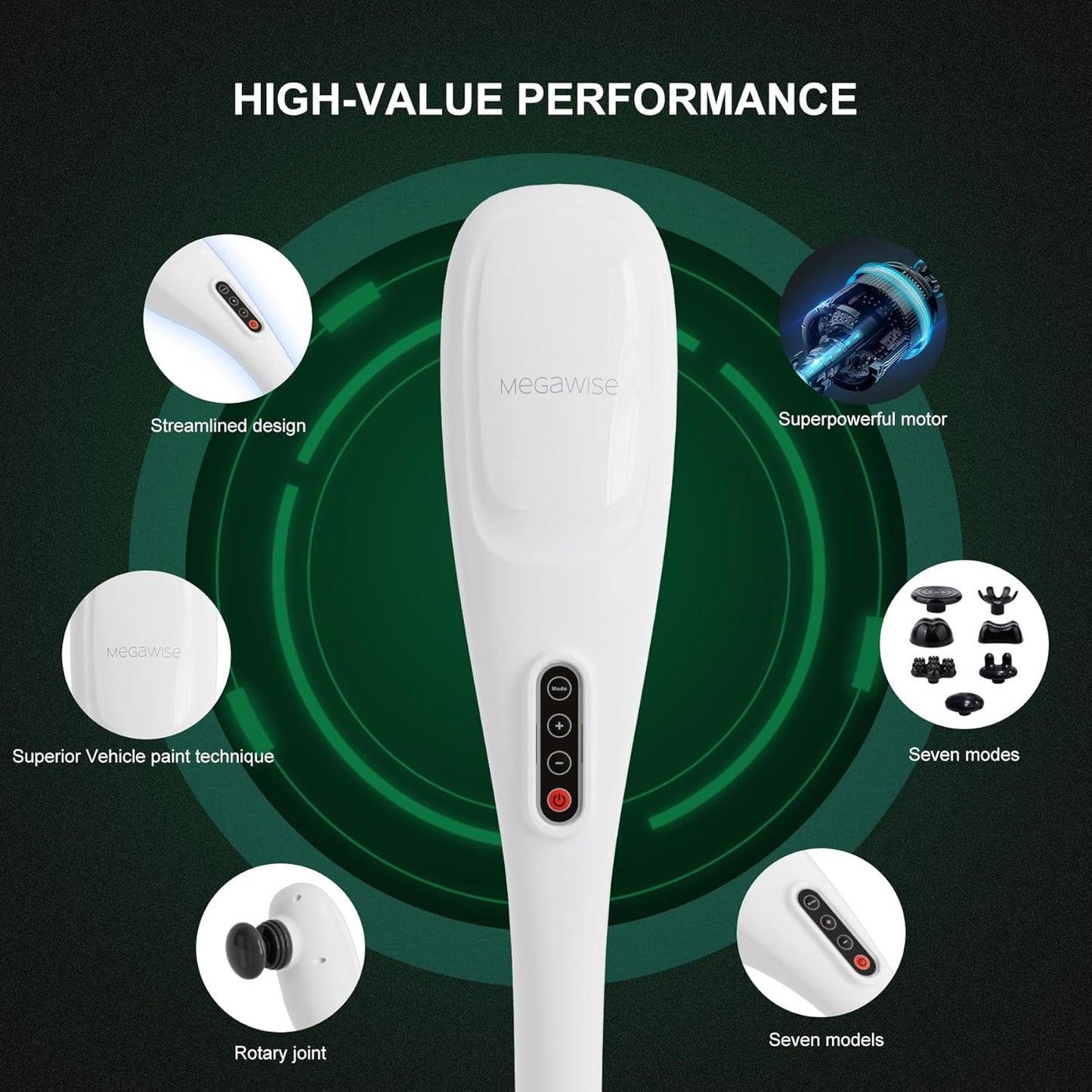 MEGAWISE Handheld Back Massager | Deep Tissue Percussion Relief for Back, Neck, Shoulders, Waist Legs, Full Body for Improved Blood Circulation and Fatigue Relief (Pearl White 6Ft Corded)