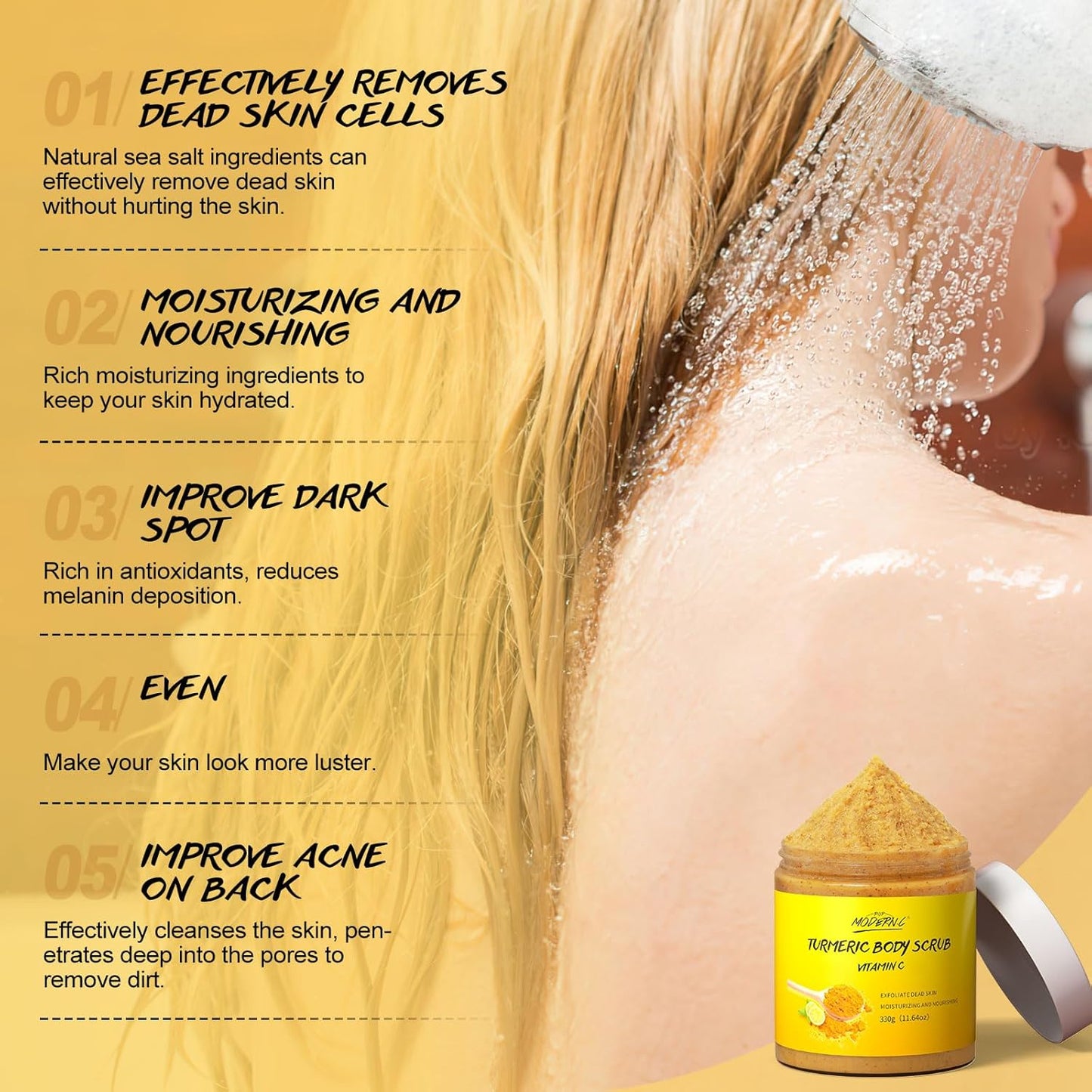 POP MODERN.C Turmeric and Vitamin C Body Scrub Remove Dead Skin Improve Dark Spots Acne Natural Organic Exfoliating Deep Cleansing Exfoliator for Body Butt Bikini Area Body Care with Loofah