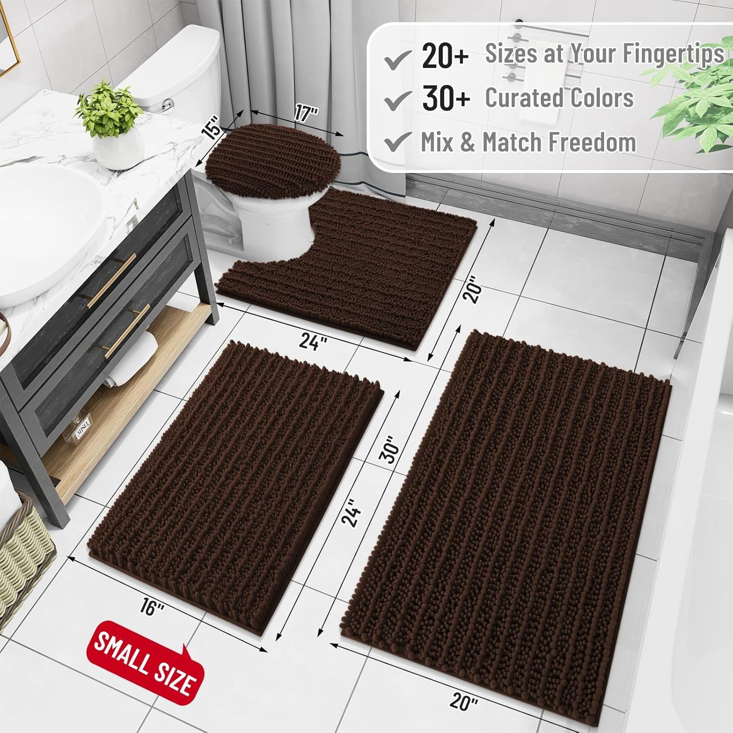 Arotive Luxury Chenille Bathroom Rug Mat, Extra Soft Thick Absorbent Shaggy Bath Rugs, Non-Slip Machine Wash Dry, Plush Bath Mats for Bathroom, Shower and Tub, 60x20, Brown