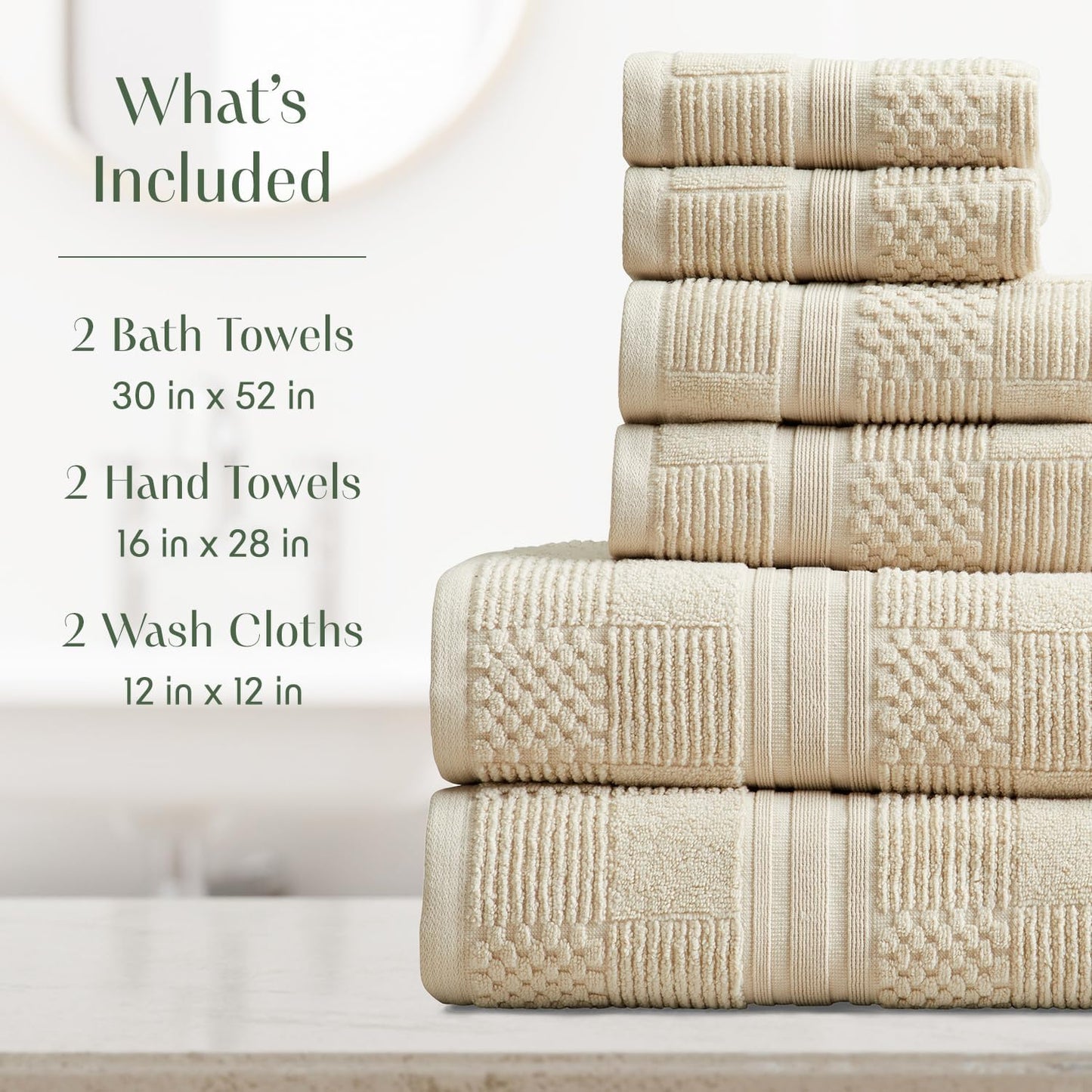 Springtree Home 100% Cotton Bathroom Towel Set | 6 Piece Set - Beige Towels | Geometric Textured Design | Absorbent & Quick-Dry | Oeko-TEX® Standard 100 Cotton | Myla Collection - Sandshell