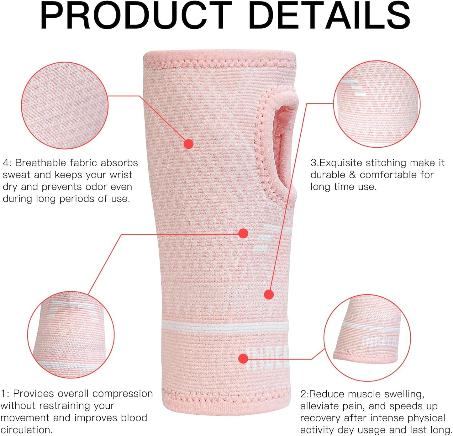 INDEEMAX Copper Wrist Compression Sleeve 1 Pair, Comfortable Hand Brace Support for Arthritis, Tendonitis, Sprains, Workout, Carpal Tunnel - Left & Right - Women and Men (Pink, M)