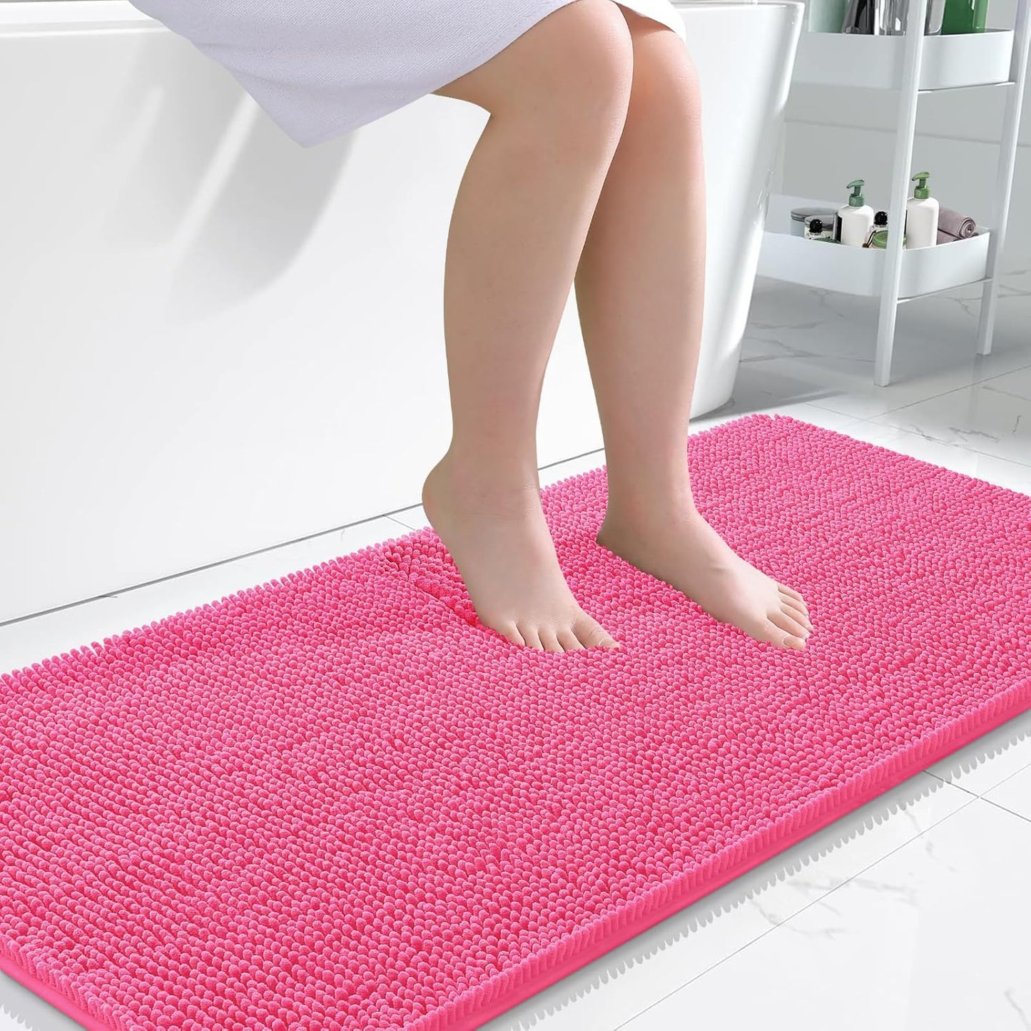 OLANLY Bathroom Rugs 47x24, Extra Soft Absorbent Chenille Bath Rugs, Rubber Backing Quick Dry, Machine Washable Bath Mats for Bathroom Floor, Tub and Shower, Home Decor Accessories, Hot Pink