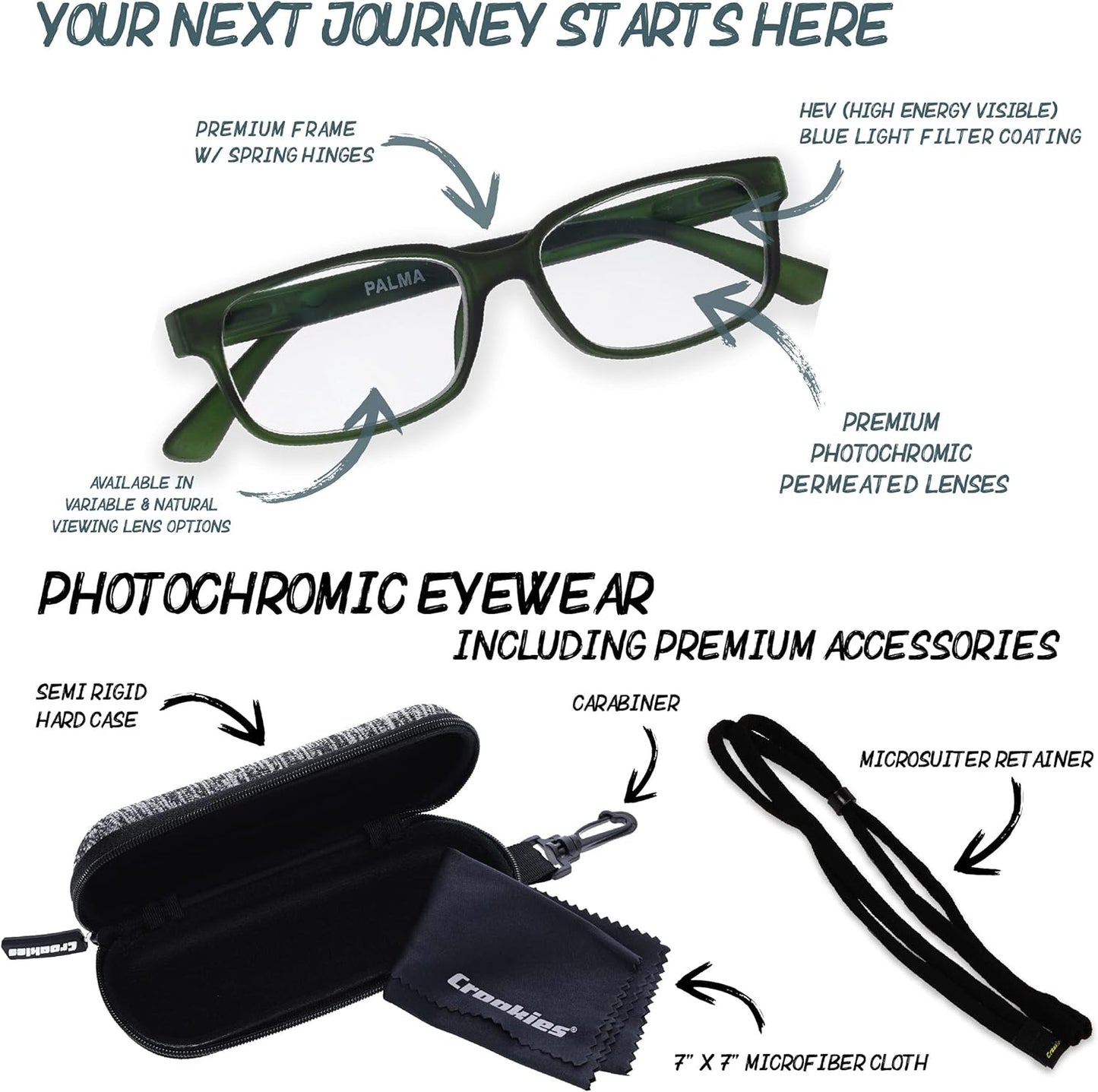 Croakies Palma Photochromic Progressive Eyewear | UV400 Sunglass for Outdoor | Bluelight Eyeglass for HEV Devices | Bundle