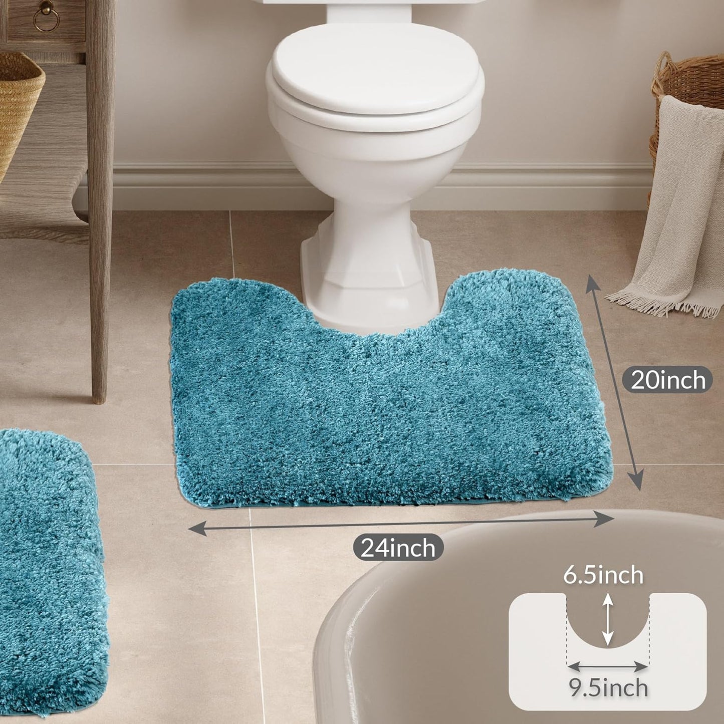 Walensee Contour Rug (20x24, Teal) Non Slip Bath Mat, Soft Microfiber Shaggy Mat, Machine Washable, U Shape Toilet Rug
