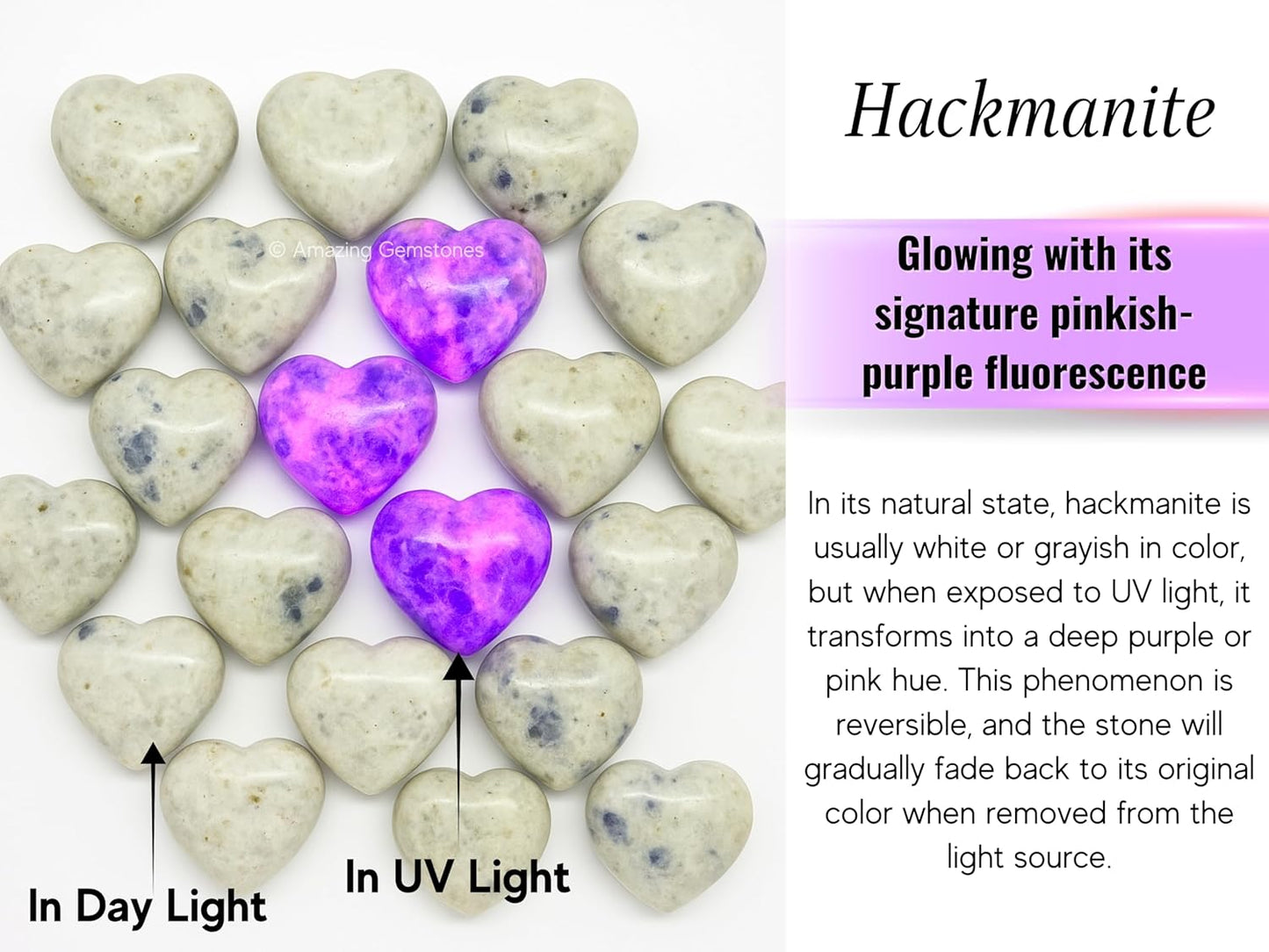 Amazing Gemstone Hackmanite Fluorescent Sodalite Crystal Heart Palm Stone - Pocket Massage Worry Stone for Natural Body Chakra Balancing, Reiki Healing and Crystal Grid