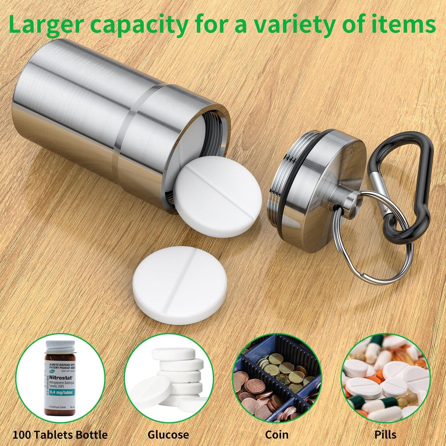 Portable Pill Case Keychain (2 Pack), Waterproof Aluminum Pill Box for Round Glucose Tablets & Critical Medicine, Small Pill Holder Travel Pill Container Bottle with Carabiners