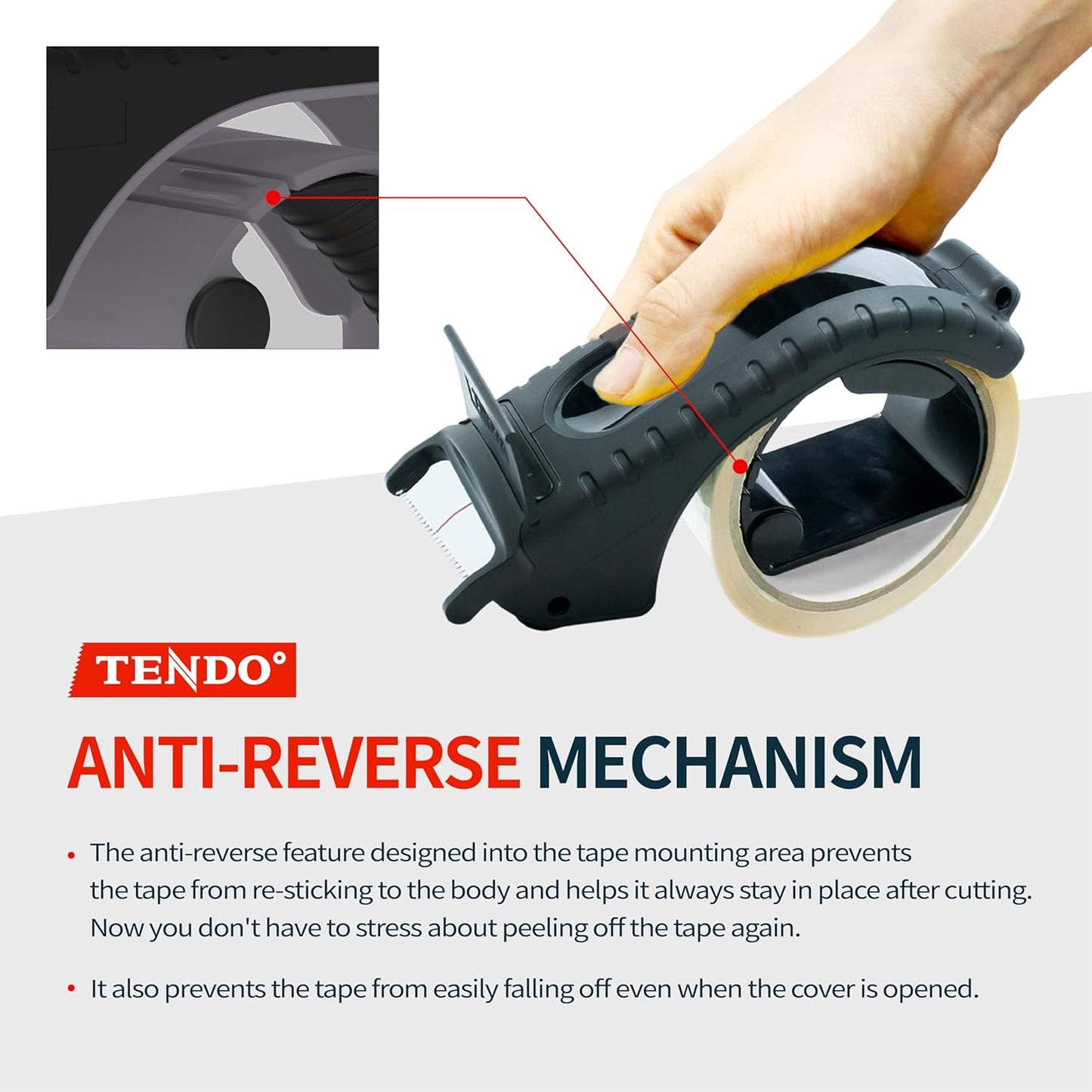 Heavy Duty Shipping Tape Dispenser: TENDO° Premium Line – Reusable, Replaceable, Eco-Friendly 2’’ Master Piece Dispenser for Pros with Patented 10° Sloped Chromium Blades - P-2200 (4th Gen.)_Black