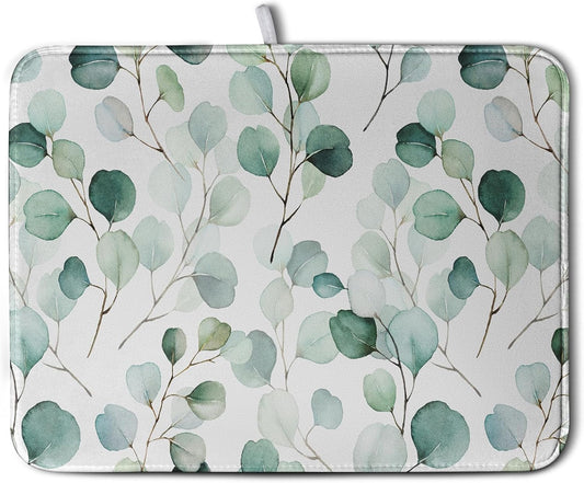 Green Leaves Dish Drying Mat Eucalyptus Leaf Branch Plant Drying Mats Absorbent Reversible Microfiber Kitchen Counter Mat Reusable Washable Dishes Drainer Mats Extra Large 18x24 Inch
