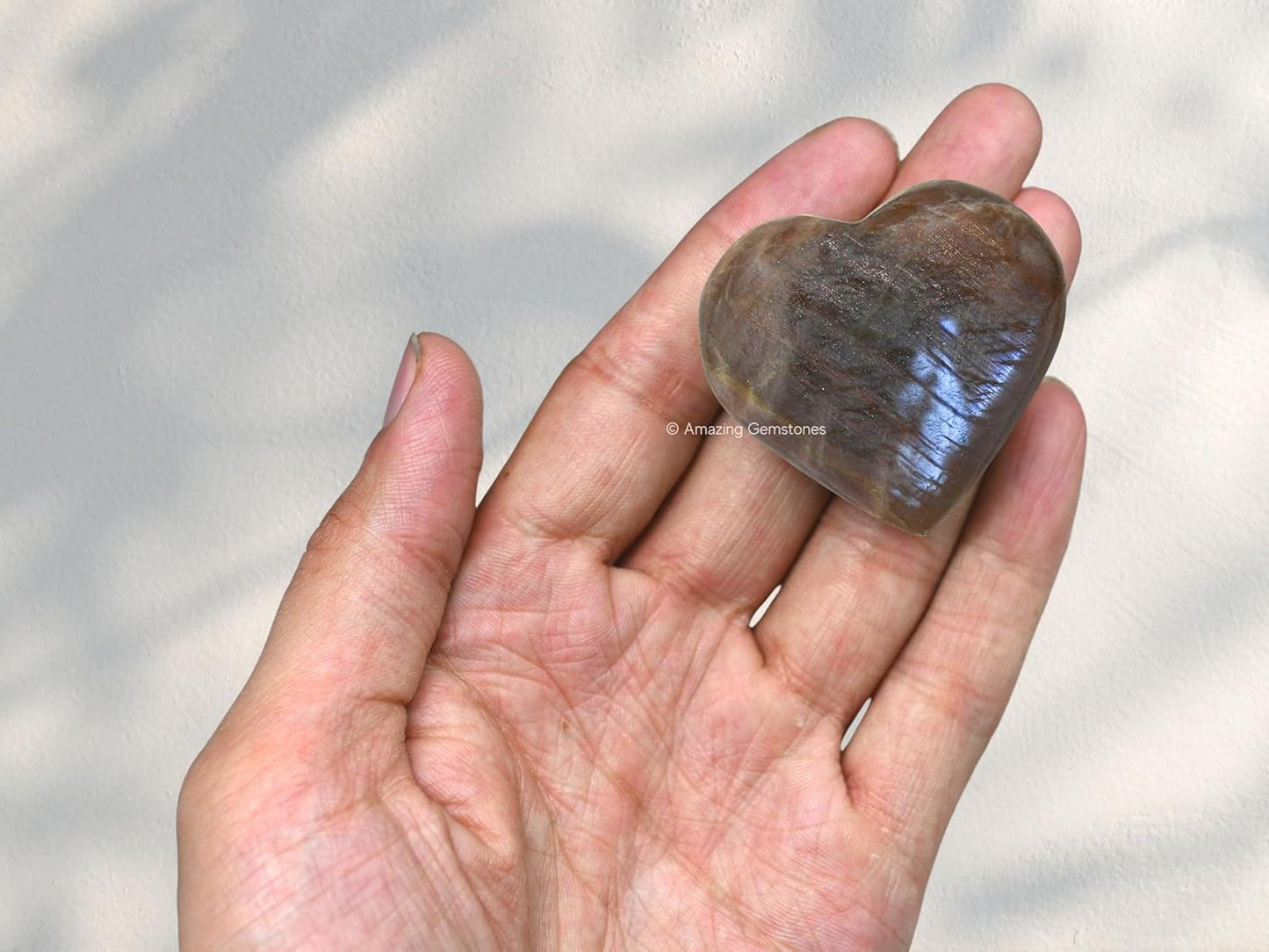 Amazing Gemstone Sun Moonstone Crystal Heart Palm Stone - Pocket Massage Worry Stone for Natural Body Chakra Balancing, Reiki Healing and Crystal Grid