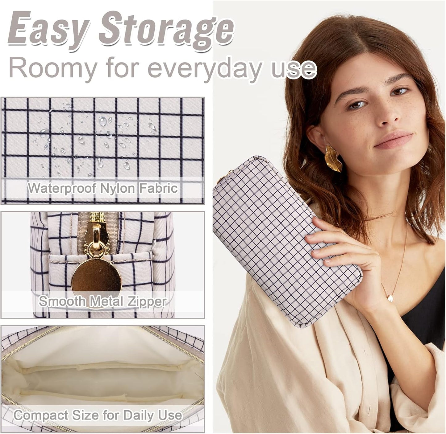 Nylon Small Makeup Bag for Purse, Cute Checkered Makeup Bag Preppy Cosmetic Zipper Pouch Purse, Waterproof Portable Travel Toiletry Bag Clutch Make Up Brush Bag Organizer for Women Girls(Checkered)