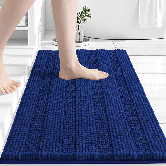 Grandaily Chenille Striped Bathroom Rugs 30x20, Extra Thick and Absorbent Bath Mats, Non-Slip Soft Plush Shaggy Shower Carpet, Machine Wash Dry, Bath Rug for Bathroom, (Medium, Royal Blue)