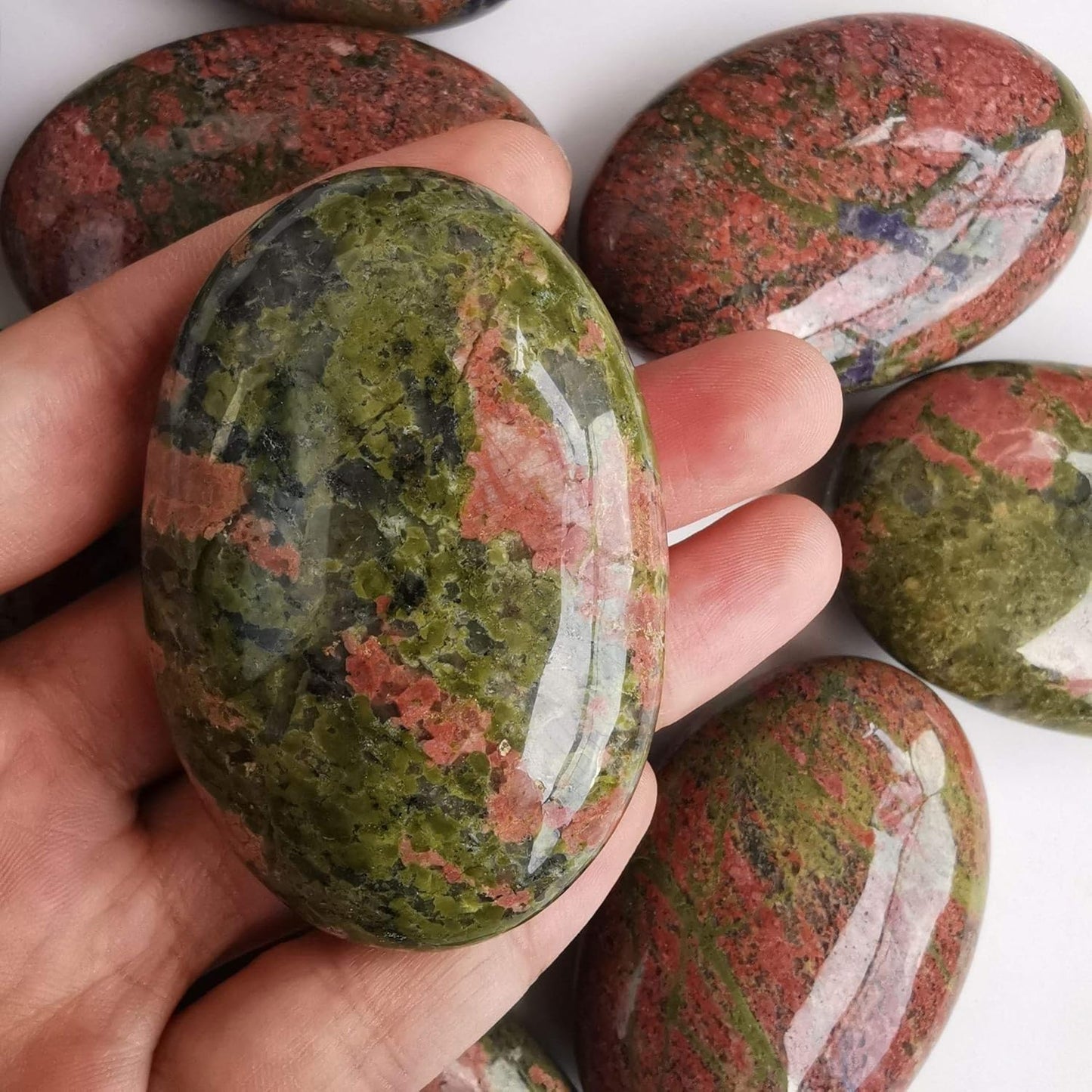 Natural Unakite Oval Polished Worry Stones, Healing Crystal Indoor Fountain Stones Massage Energy Anxiety Relief Items