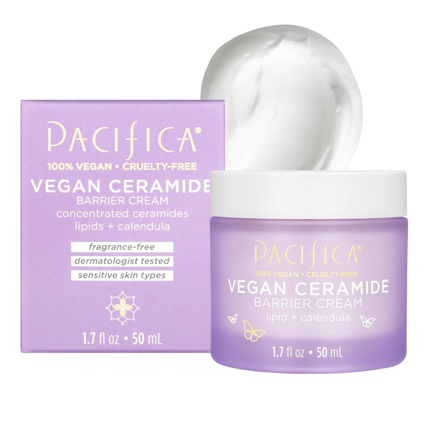 Pacifica Face Cream - Vegan Ceramide Barrier Cream w/Niacinamide & Shea Butter - Hydrating Daily Face Moisturizer Fragrance Free for Sensitive Skin, Vegan, Clean Beauty Allergy & Dermatologist Tested