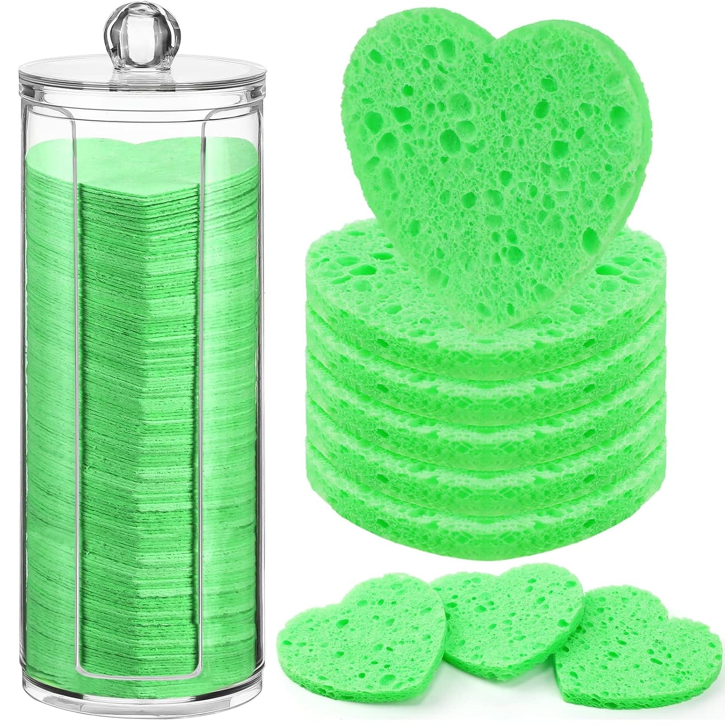 Sieral 120 Pcs Compressed Facial Sponges with Container Disposable Face Sponge Pads for Washing Face Cleansing Exfoliating Esthetician Makeup Removal(Heart,Green)