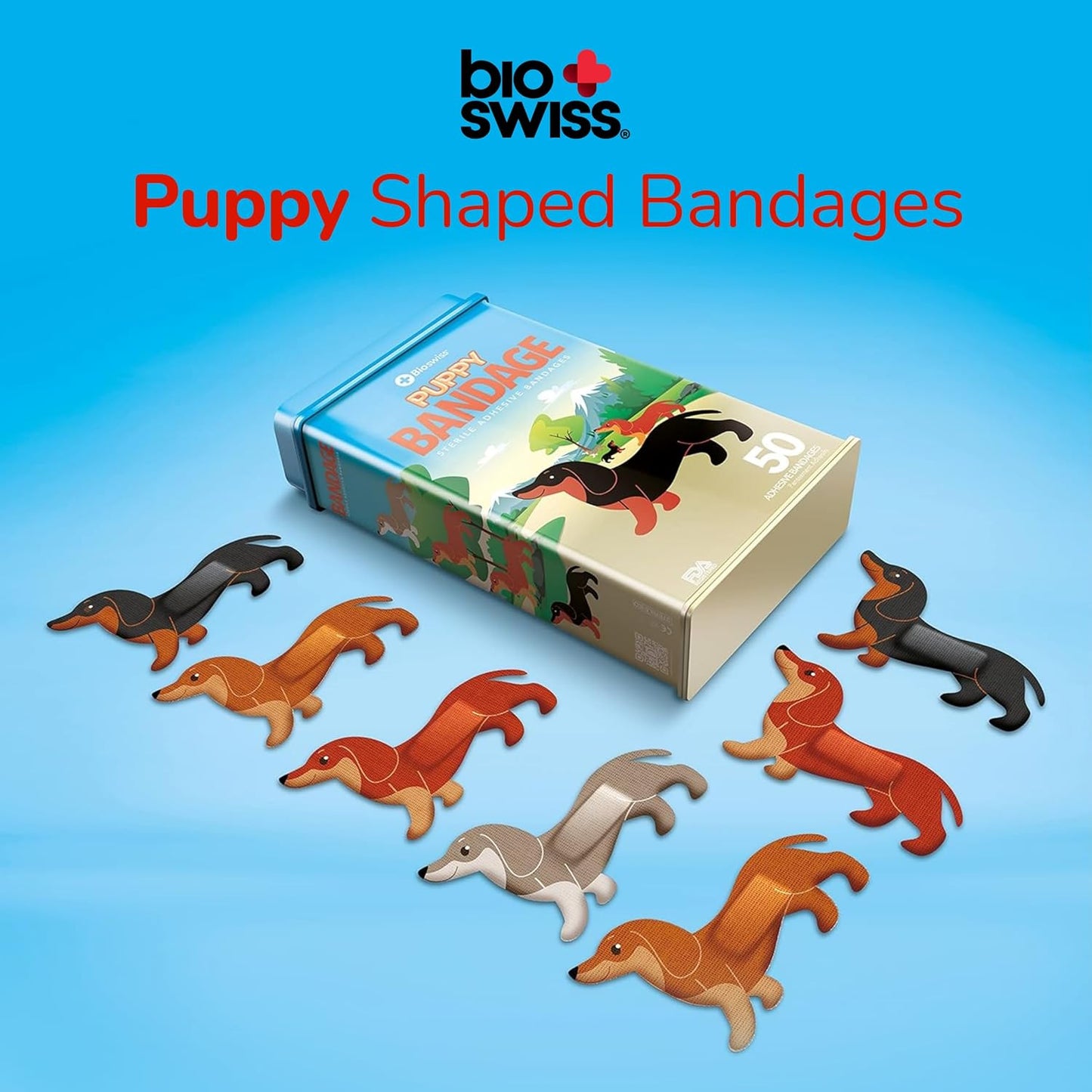 BioSwiss Kids Bandages, Puppy Shaped Self Adhesive Bandage Set, Latex Free, Sterile Wound Care, 50 Count