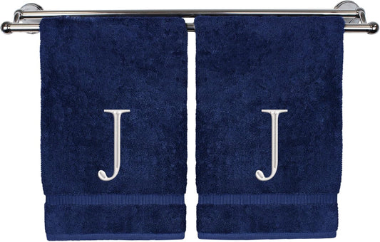 Monogrammed Hand Towel, Personalized Initial Gift, Extra Absorbent 100% Turkish Cotton - Soft Terry Finish - Set of 2 - White Block Initial J - Embroidered on Navy Blue Towels