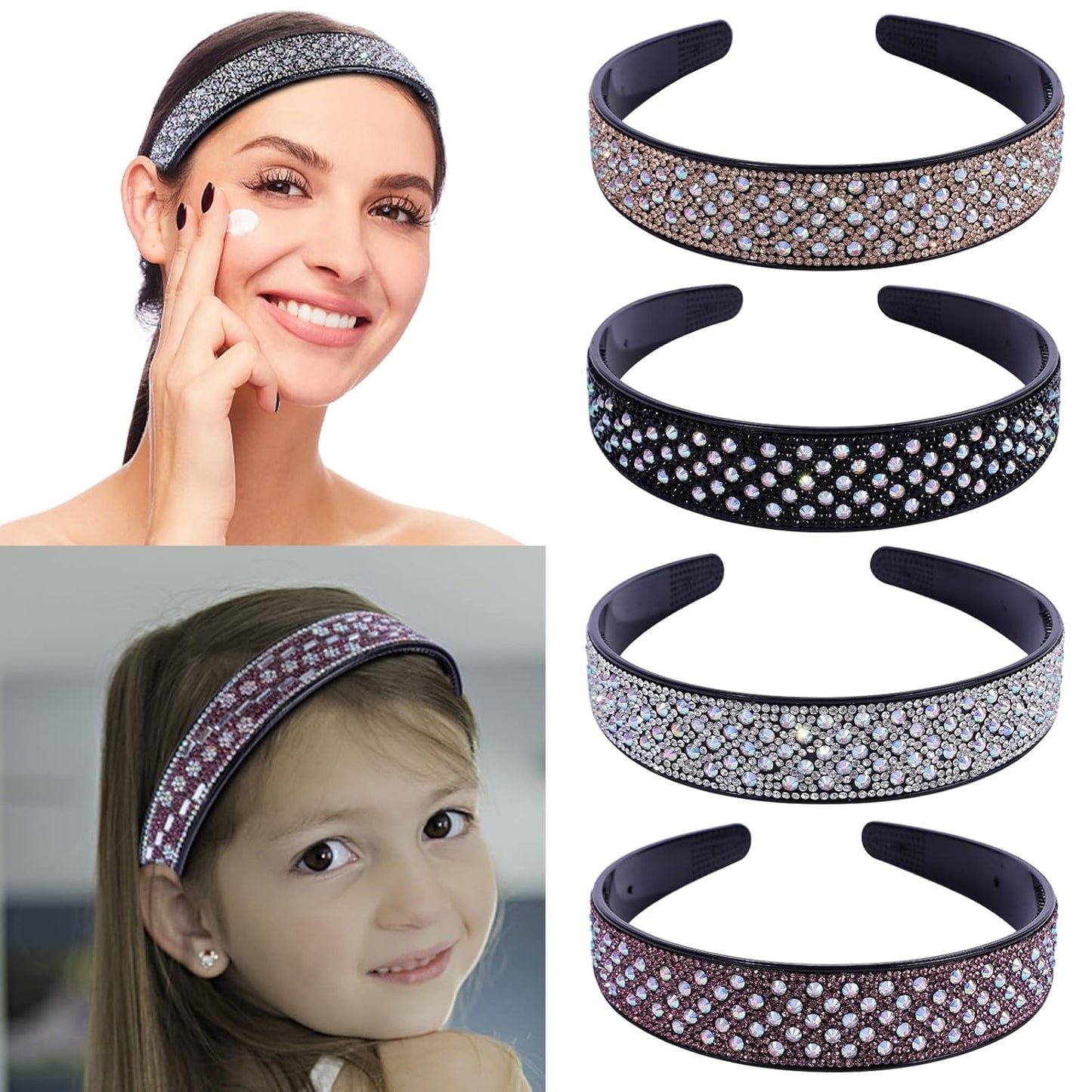 Rhinestone Headbands for Women Crystal Sparkly Headband Fashion Teeth Comb Hairbands Non Slip Hair Hoop Bling Hair Accessories for Girls Ladies with 4PCS