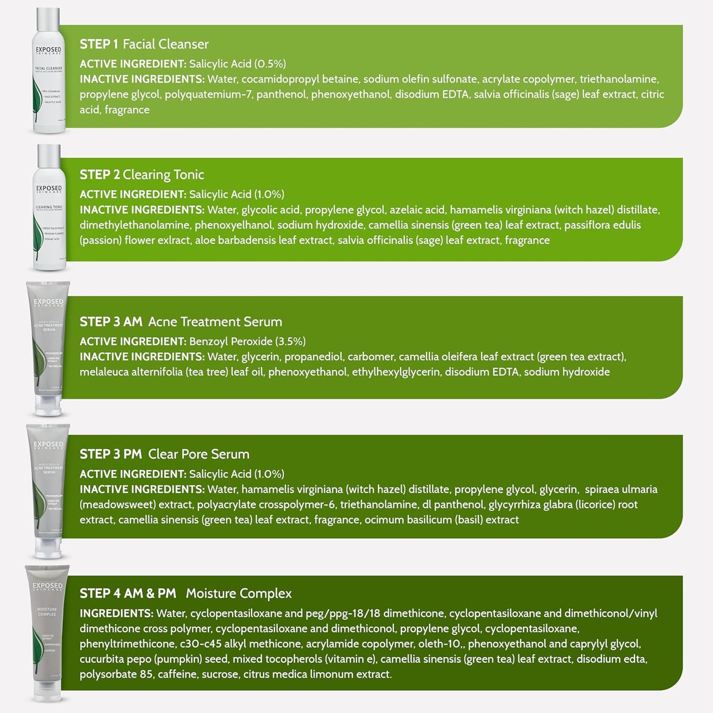 Exposed Skin Care, Expanded Acne Treatment Kit with 2.5% Salicylic Acid and 3.5% Benzoyl Peroxide to Clear Up Teen, Adult, Hormonal and Cystic Acne – Natural, Non-toxic and Cruelty Free