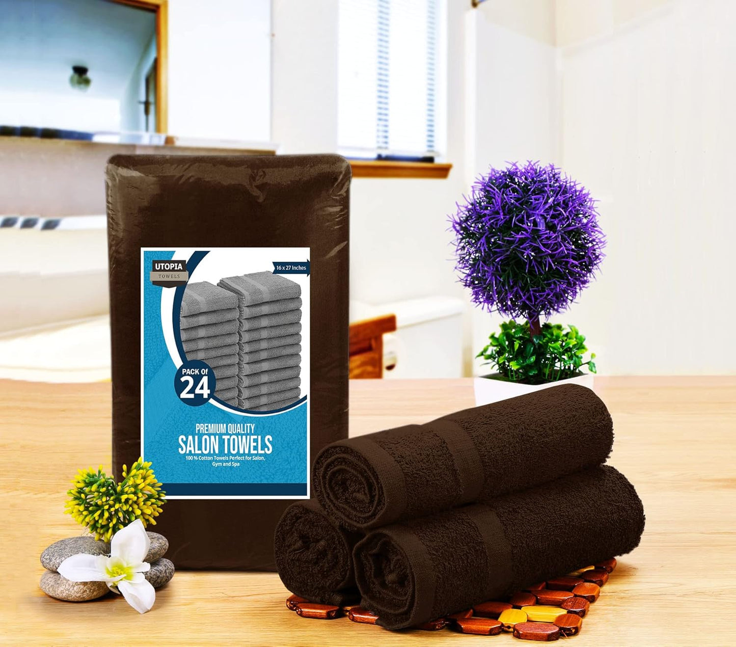 Utopia Towels, Salon Towel, Pack of 24, Not Bleach Proof, 16 by 27 Inches, Highly Absorbent Cotton Towels for Hand, Gym, Beauty, Spa, and Home Hair Care, Dark Brown