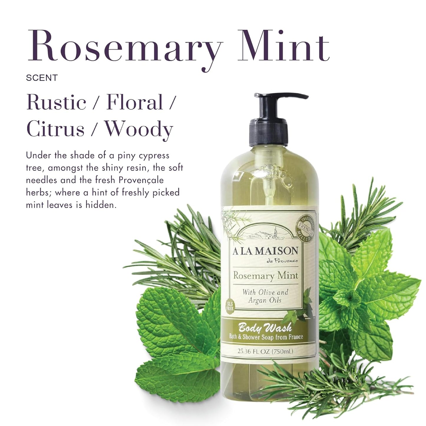 A LA MAISON Hydrating Body Wash Rosemary Mint, Uses: Body - Triple French Milled, Essential Oils, Plant Based, Vegan, Cruelty-Free, Alcohol & Paraben Free (25.36 oz, 2 Pack)