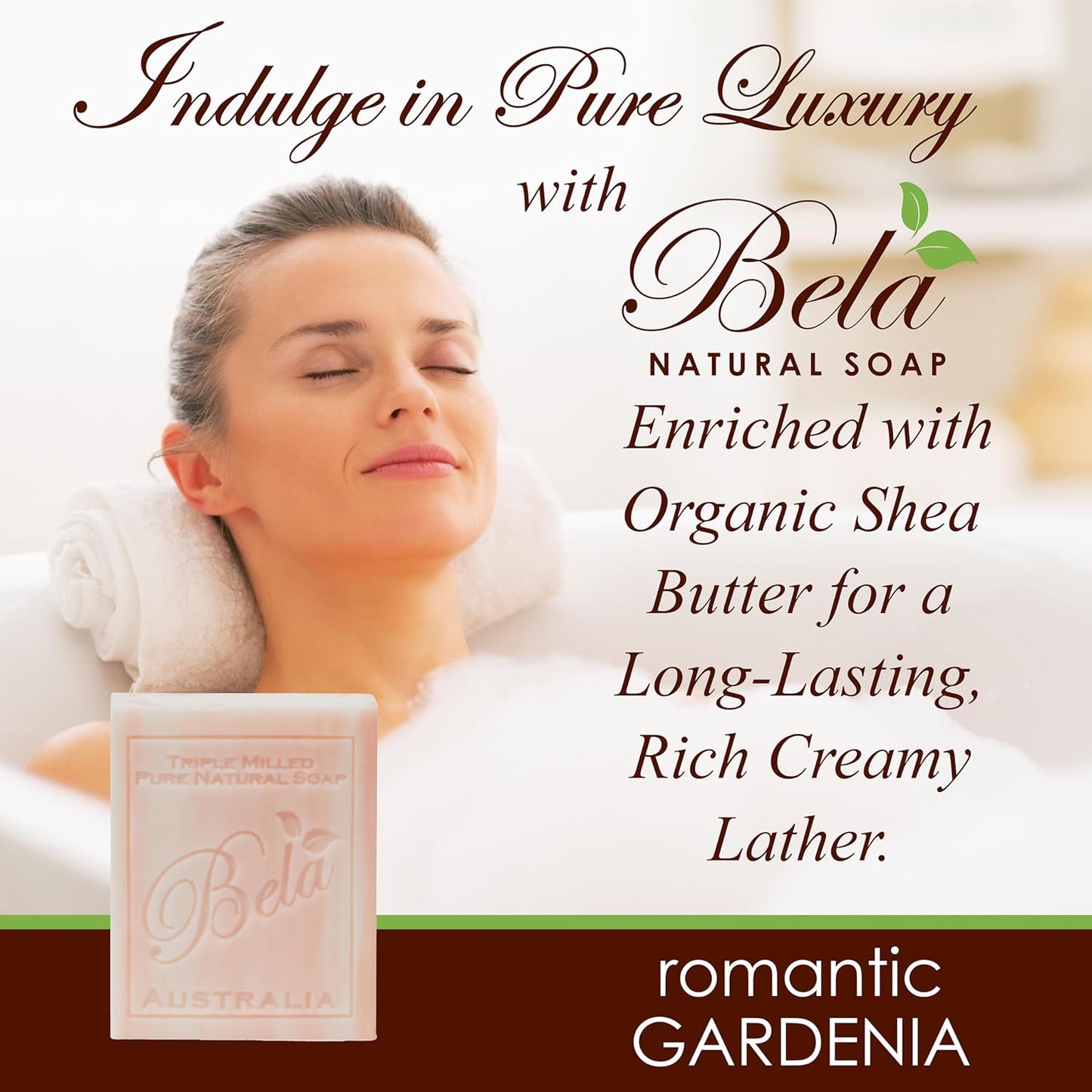 BELA Romantic Gardenia Soap 3.3 OZ Pack of 6, Long Lasting French Triple Milled Bar Soap with Organic Shea Butter Hand, Face and Body Wash Bar, Made in Australia