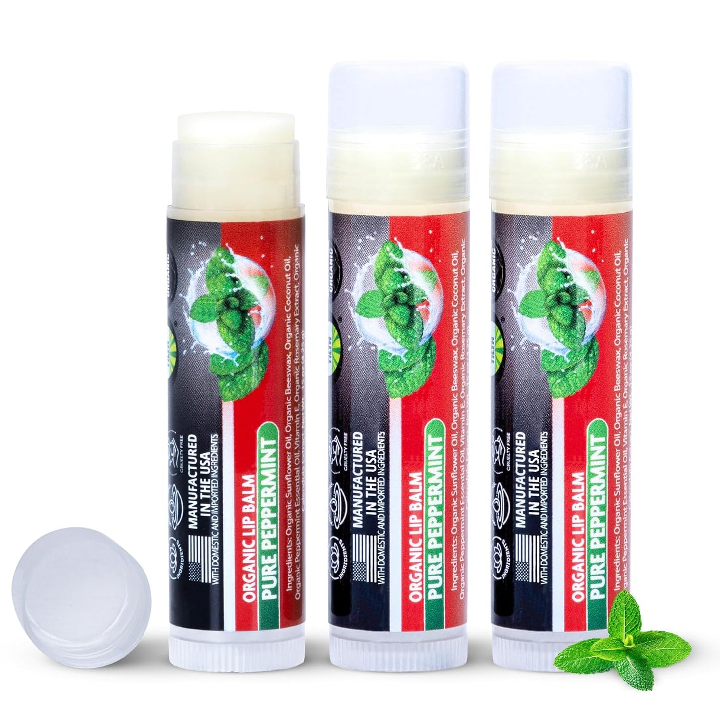 Organic Peppermint Lip Balm 3 Pack | Moisturizing Mint Chapstick for Dry, Chapped Lips | For Men and Women