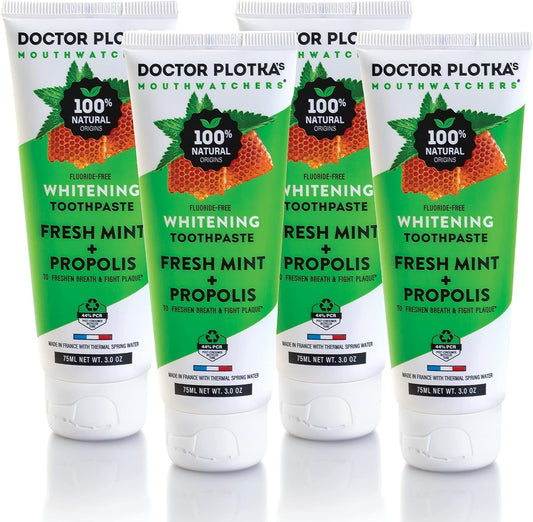 MOUTHWATCHERS Whitening Fluoride Free Naturally Sourced Toothpaste, 4 Tubes, 3 oz Each, for Sensitive Teeth and Gums, Organic, SLS Free, Fresh Organic Mint and Propolis, by Dr. Plotka's