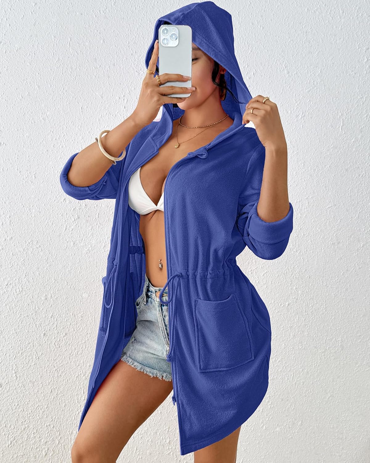 Bsubseach Terry Cloth Cover Up - Women Zip Up Long Sleeve Swimsuit Coverup Hooded Bath Robes with Pockets