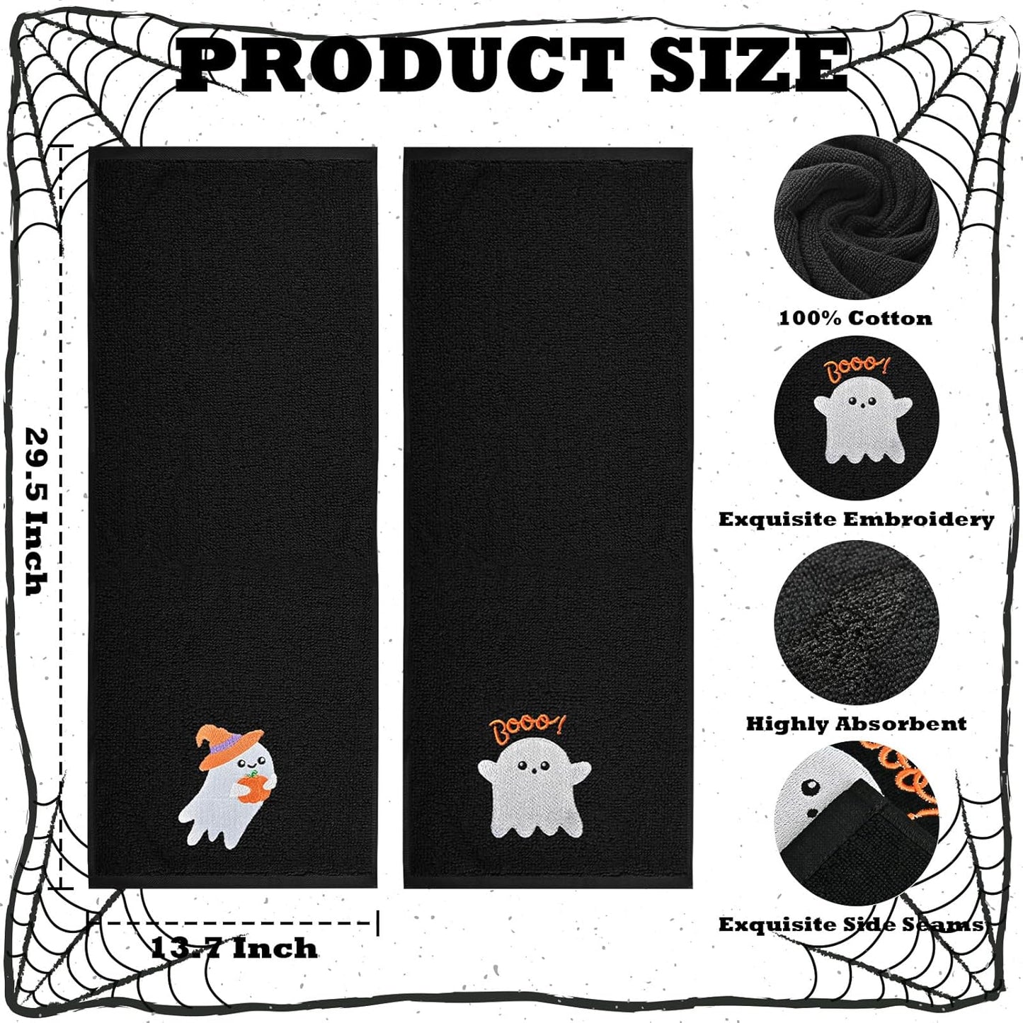 Halloween Cotton Hand Towels 2 Pack, Black Ghost Embroidered Autumn Towels Set, Decorative Bathroom Kitchen Holiday Accessories, 13.7 in × 29.5 in