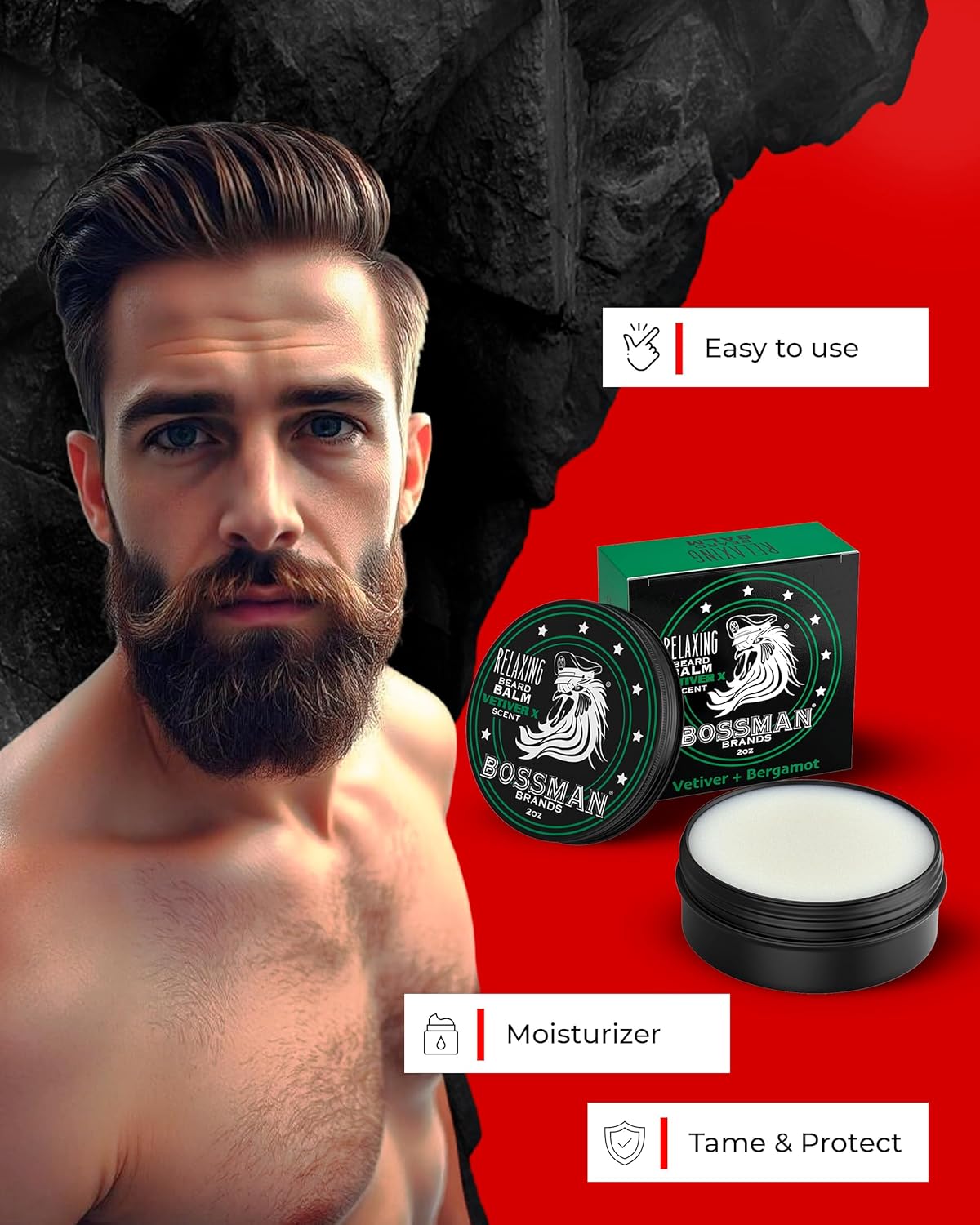 Bossman Relaxing Beard Balm - Tamer, Thickener, Relaxer and Softener Cream and Beard Care Product - Made in USA (Vetiver X Scent)