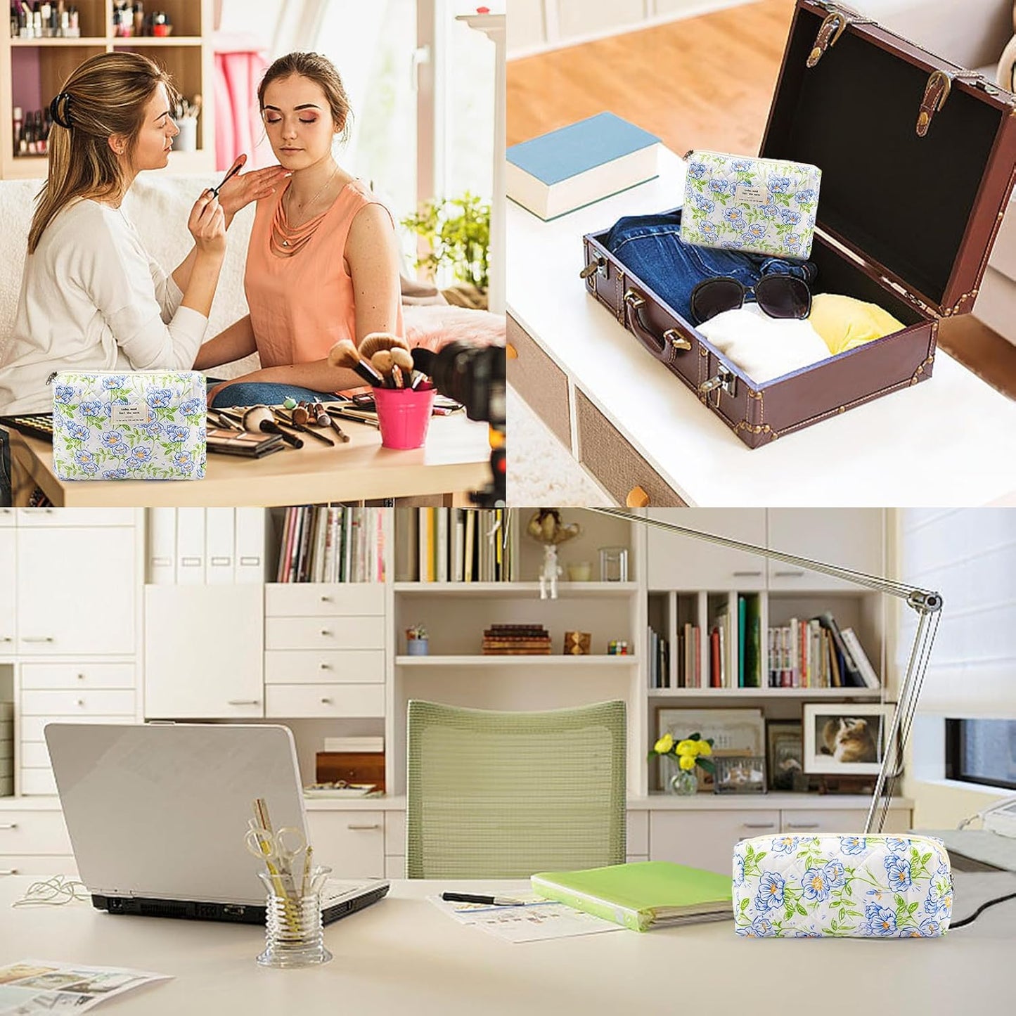 Quilted Cotton Cosmetic Bag 2Pcs Coquette Makeup Bag Travel Makeup Bag for Women Large Makeup Pouch Aesthetic Floral Cosmetic Pouch Toiletry Bag for Women Gift for Lover Daughter Sister Mom