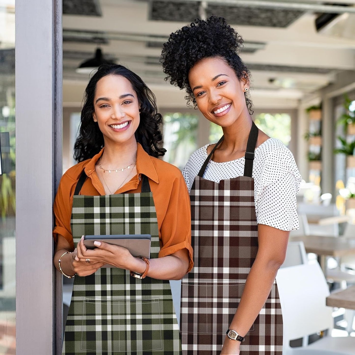 2 Pack Aprons, Plaid Check Grid Adjustable Bib Aprons with 2 Pockets for Women Men Couple Lovers Chef Home Kitchen Cooking Baking Gardening Dark Brown Green Apron 32x28 Inches