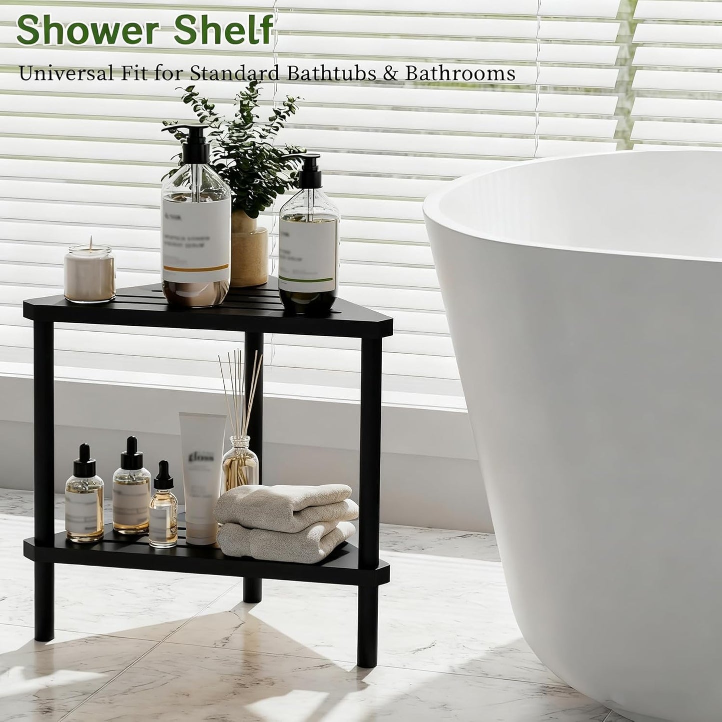 Bamboo Corner Shower Stool - Waterproof Shower Stool for Inside Shower, Shaving Legs & Small Spaces, 2-Tier Shower Foot Rest with Storage Shelf, Bath Seat & Corner Bench for Woman, Mom, Spa - Black