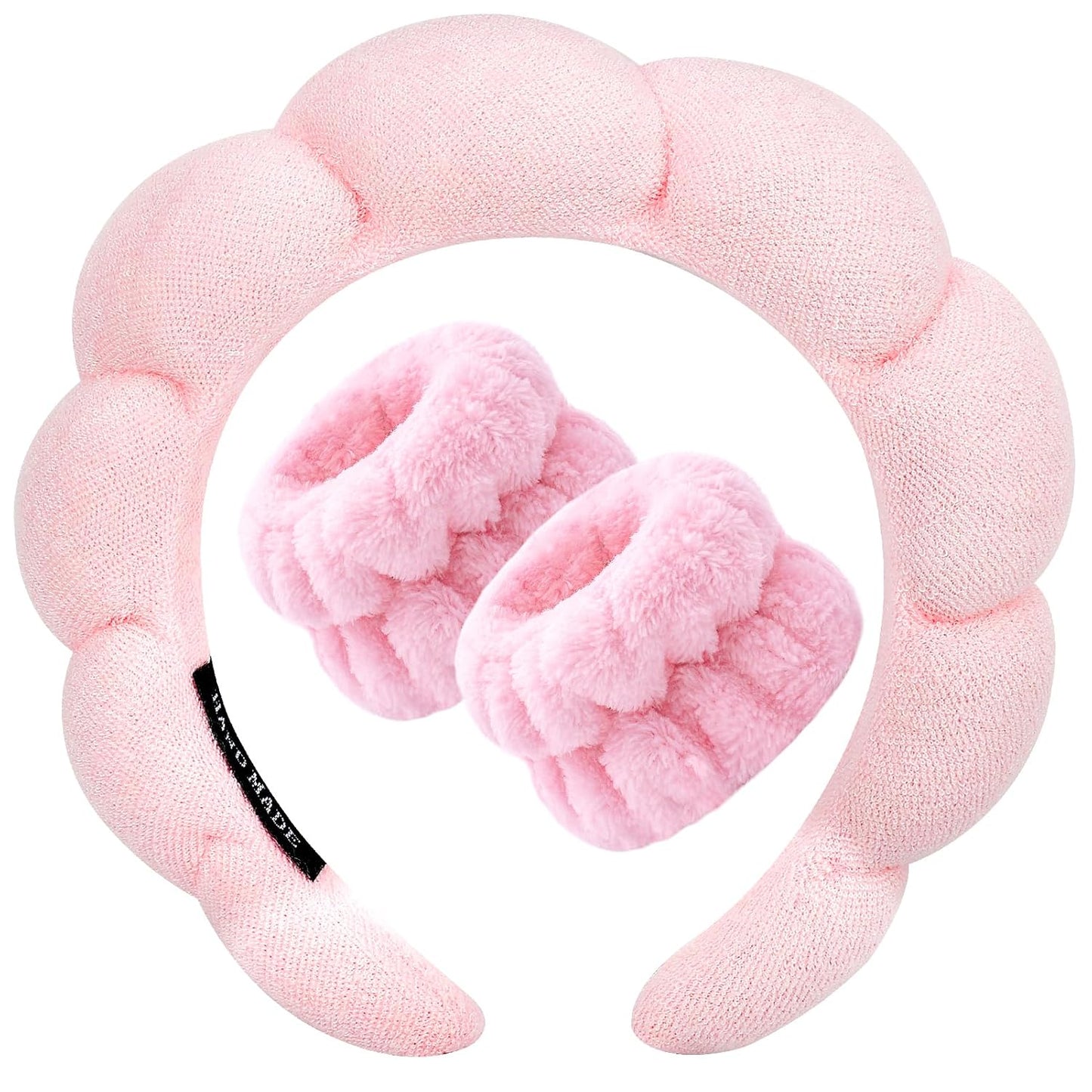 Zkptops Spa Headband for Washing Face Wristband Sponge Makeup Skincare Headband Terry Cloth Bubble Soft Get Ready Hairband for Women Girl Puffy Padded Headwear Non Slip Thick Hair Accessory(Pink)