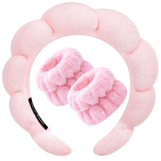 Zkptops Spa Headband for Washing Face Wristband Sponge Makeup Skincare Headband Terry Cloth Bubble Soft Get Ready Hairband for Women Girl Puffy Padded Headwear Non Slip Thick Hair Accessory(Pink)