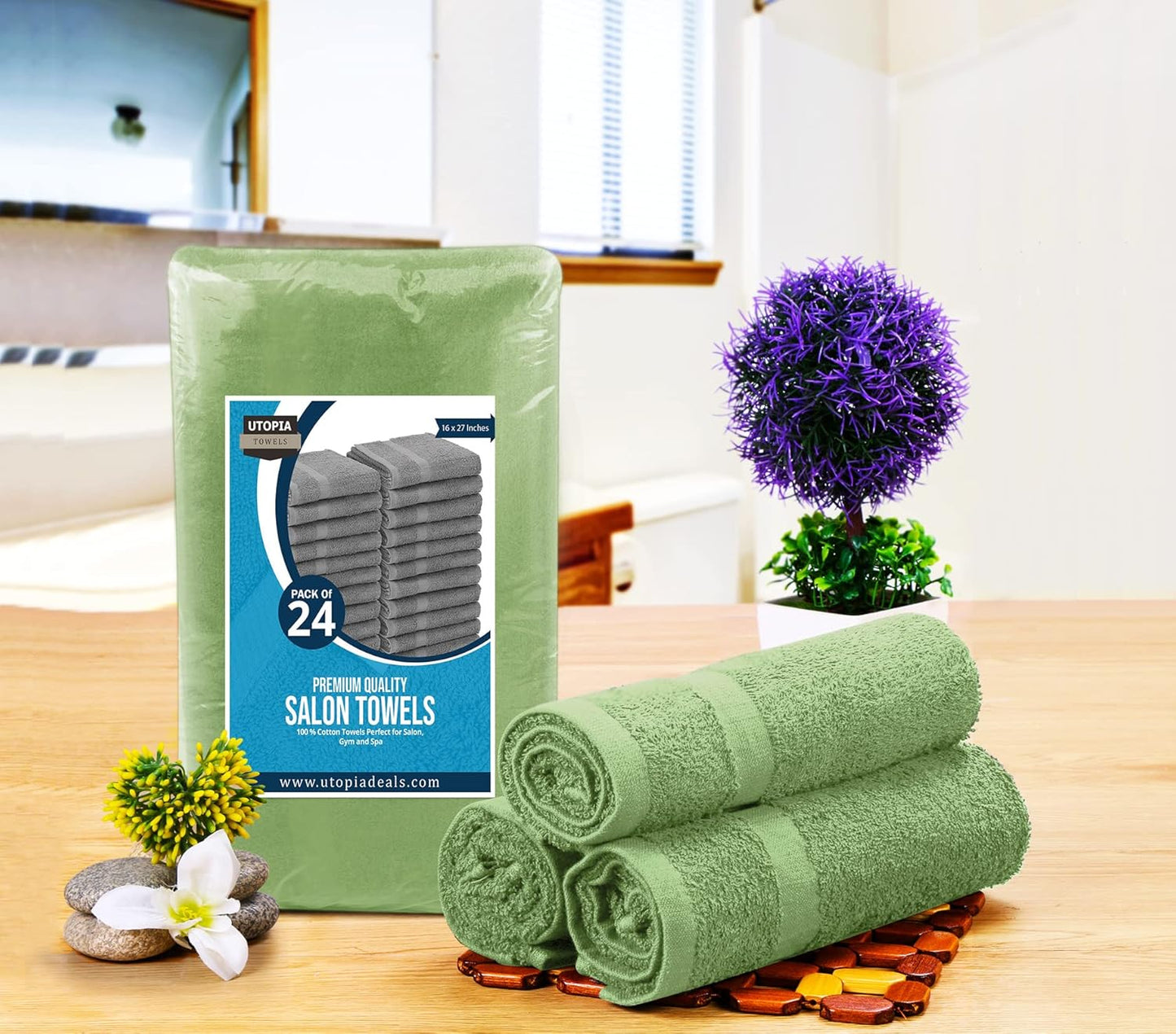 Utopia Towels, Salon Towel, Pack of 24, Not Bleach Proof, 16 by 27 Inches, Highly Absorbent Cotton Towels for Hand, Gym, Beauty, Spa, and Home Hair Care, Sage Green