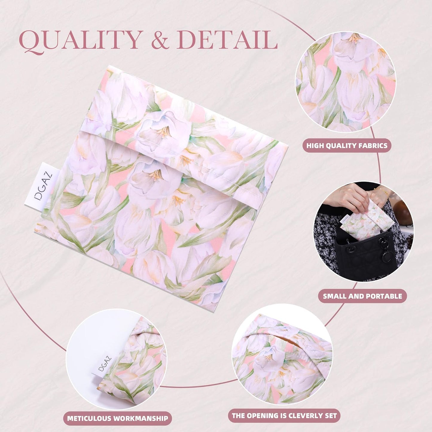 DGAZ Sanitary Napkin Storage Bag, Period Bag for Teen Aged Girls, Portable Period Bag for Panty Liners/Menstrual Cup/Small Tampons，Mini Makeup Bag for Purse(French Tulips)