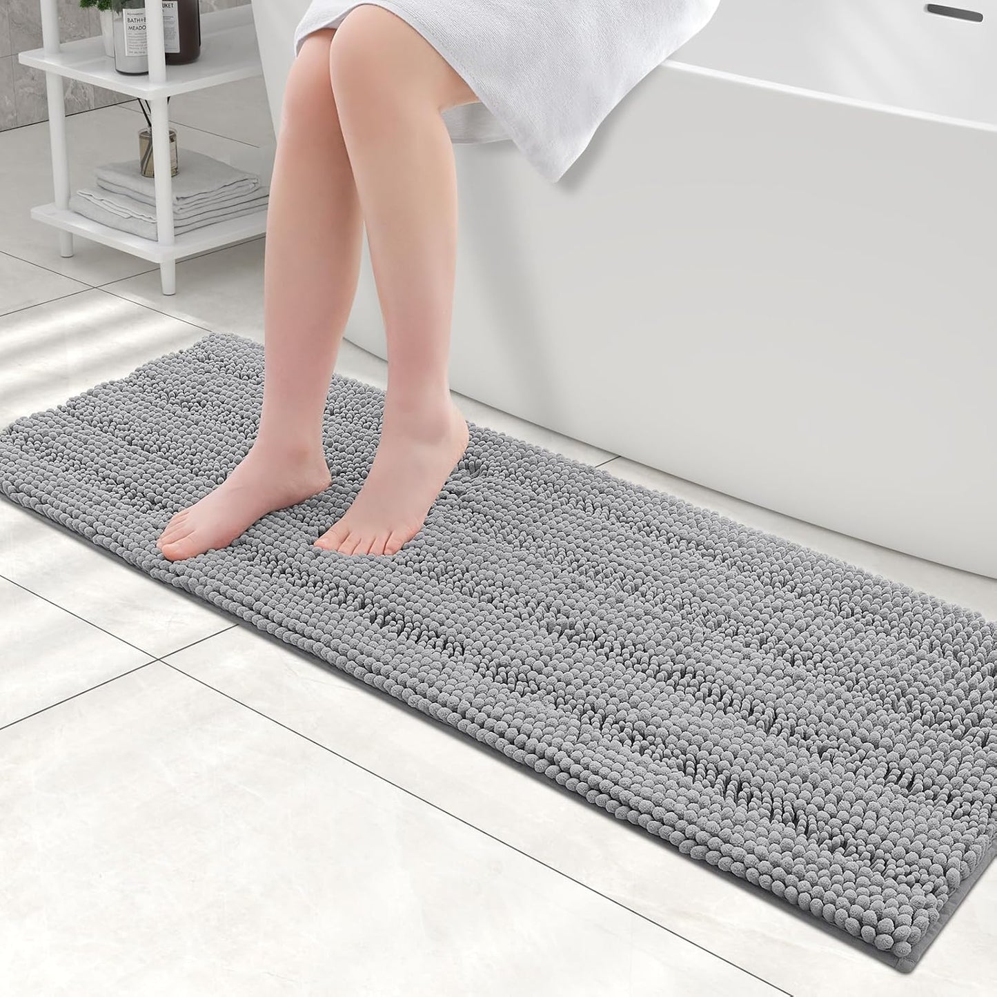 Grandaily Chenille Striped Bathroom Rugs 47x17, Extra Thick and Absorbent Bath Mats, Non-Slip Soft Plush Shaggy Shower Carpet, Machine Wash Dry, Bath Rug for Bathroom, Dark Gray