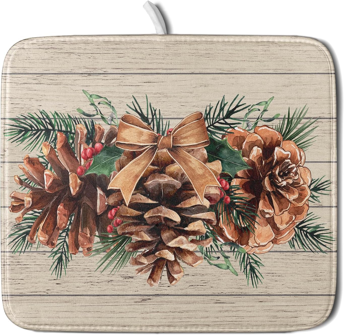 Winter Pine Cone Dish Drying Mat Holly Berries Dish Draining Mat Microfiber Washable Dish Drainer Rack Mat for Home Kitchen Counter 16"x18"