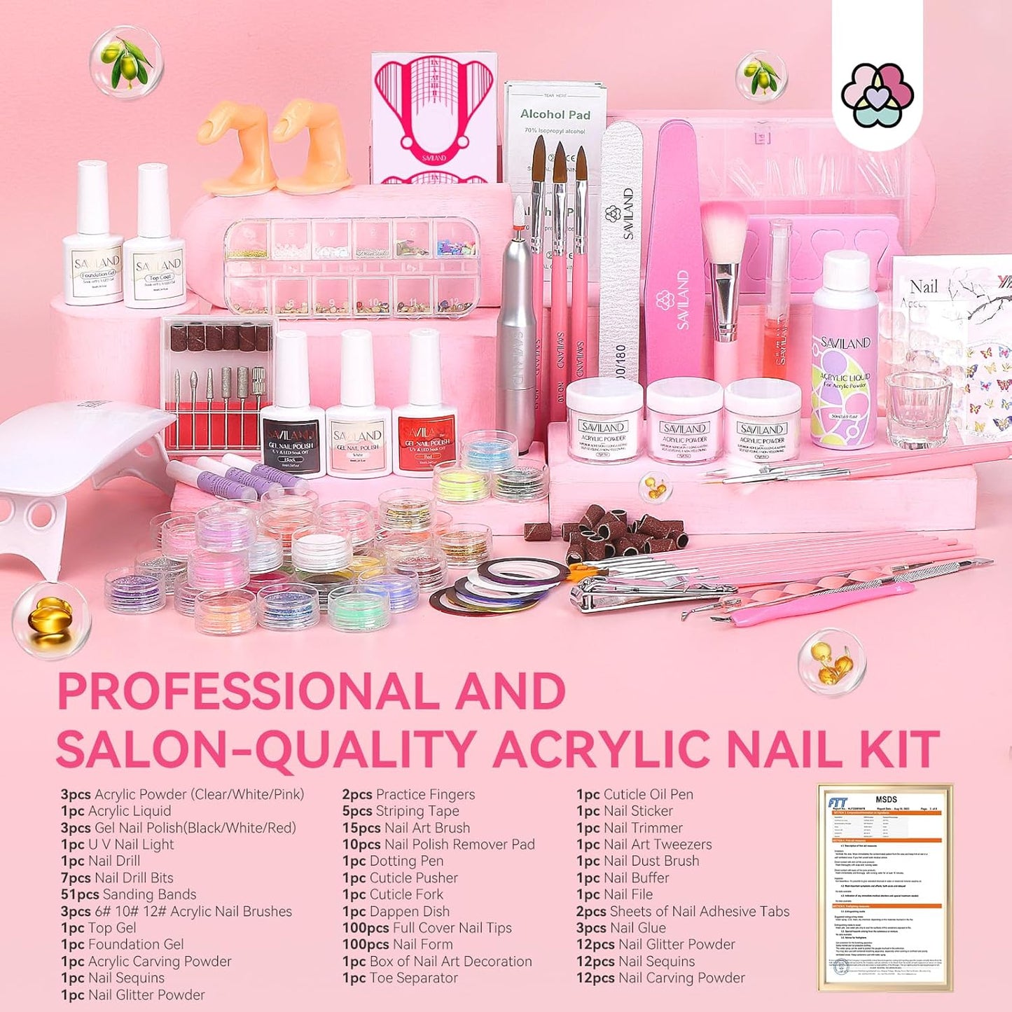 SAVILAND Acrylic Nail Kit with Drill: Professional Nail Kit Acrylic Set for Beginners with Everything Gel Polish U V Light Decorations for Home Salon Gift Set
