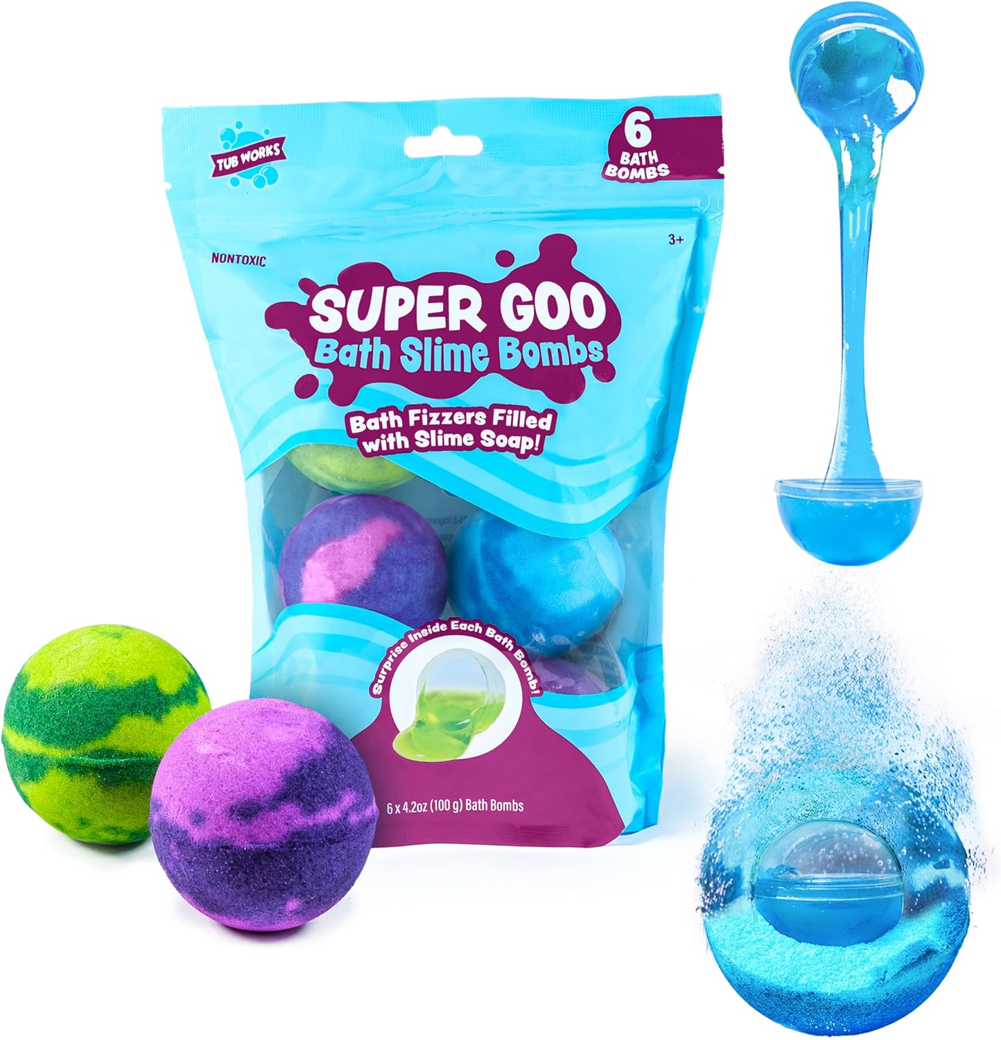 Super Goo Bath Slime 'Surprise' Bombs, 6 Pack | Kids Bath Bombs With Surprise Inside | Nontoxic | Stretchy, Squishy Slime Soap | Sensory Fun for Kids