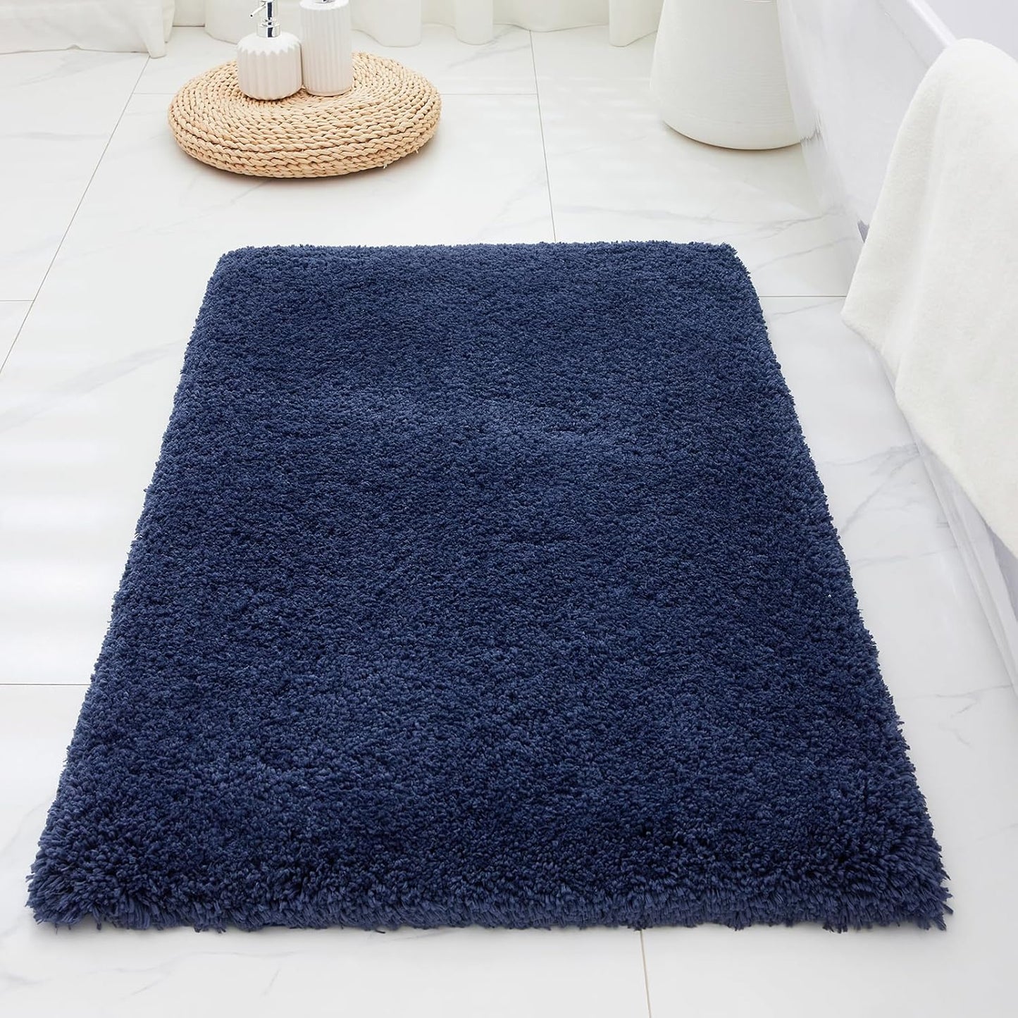 ILANGO Navy Blue Bathroom Rugs 30" × 20" Non Slip & Super Absorbent Extra Thick Soft, Washable Bath Mat for Floor, Microfiber Plush Shaggy Bath Rug with Rubber for Bathtub Shower Room Sink